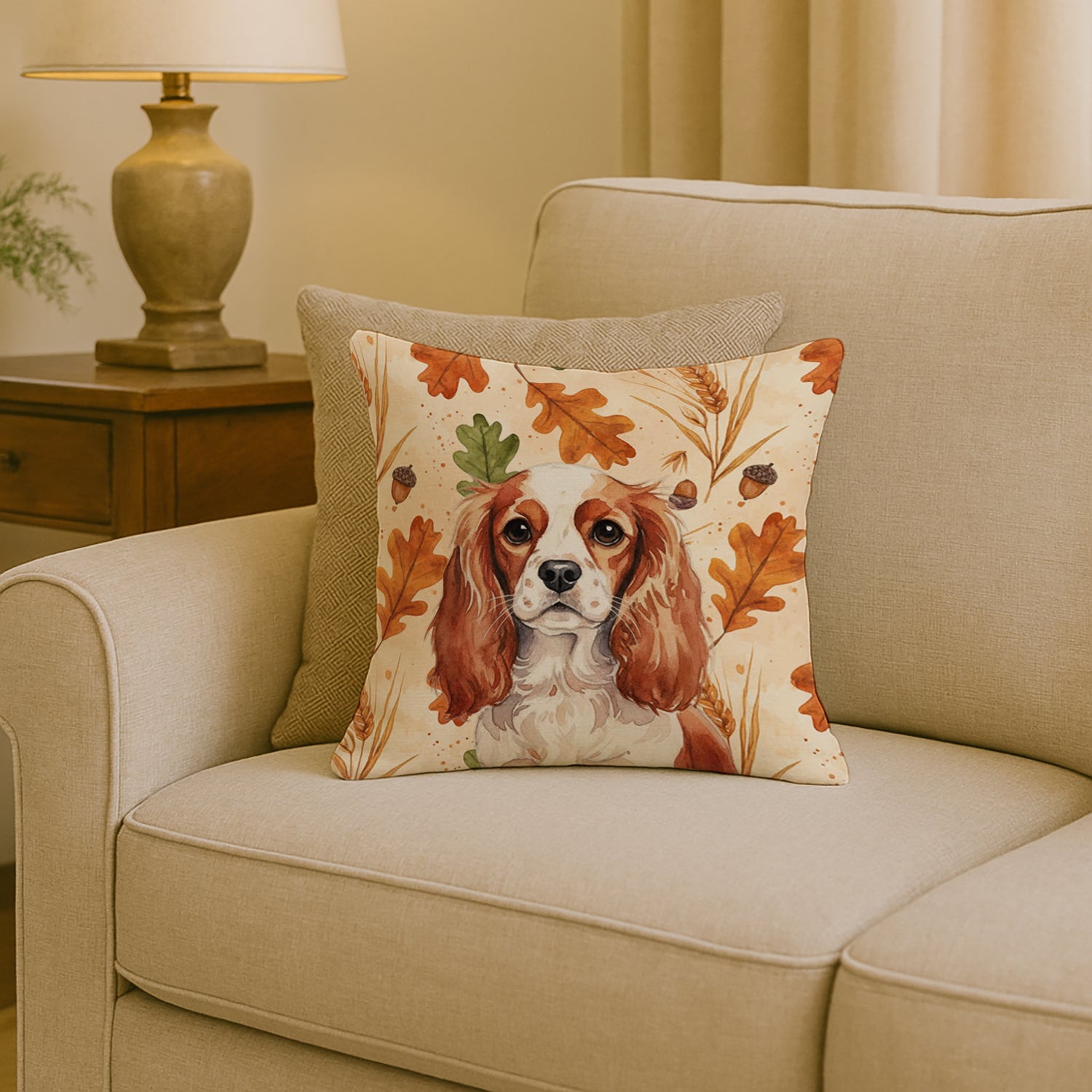 Blenheim English Toy Spaniel Heirloom Fall Decorative Throw Pillow 18x18 Indoor Outdoor Accent Cushion, Fabric Cover with Insert for Sofa, Bed, Porch & Living Room