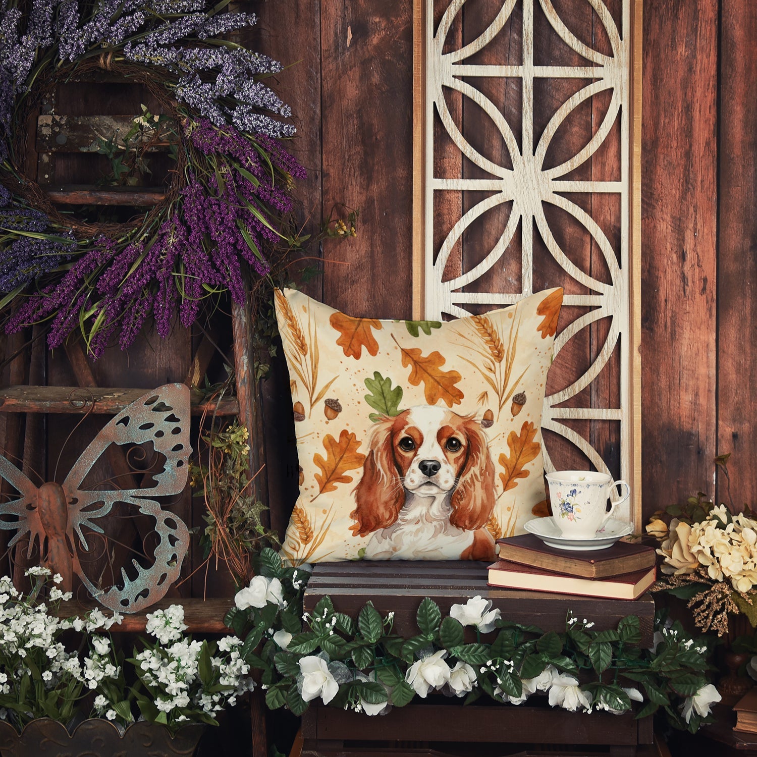 Blenheim English Toy Spaniel Heirloom Fall Decorative Throw Pillow 18x18 Indoor Outdoor Accent Cushion, Fabric Cover with Insert for Sofa, Bed, Porch & Living Room