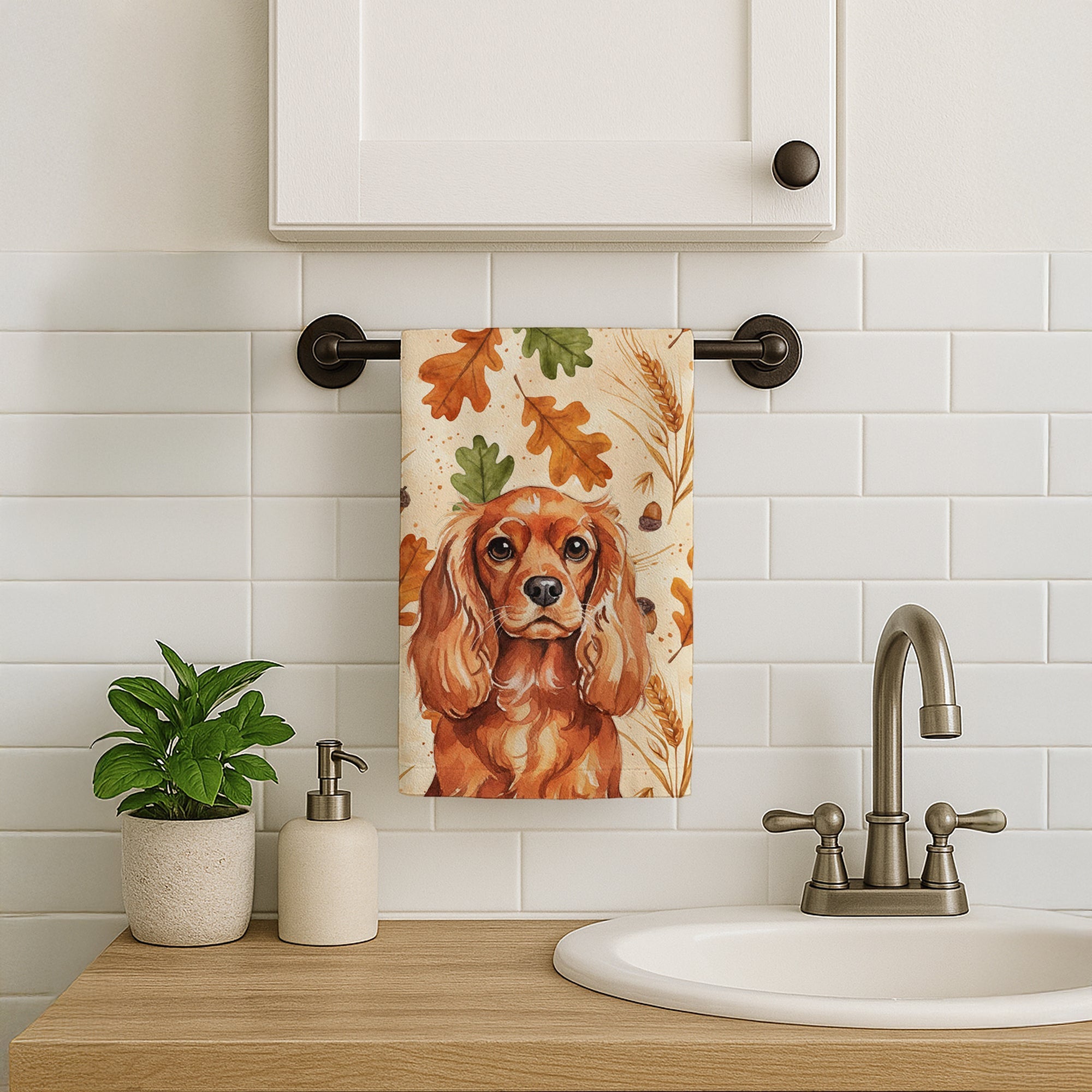 Ruby English Toy Spaniel Heirloom Fall Kitchen Towel Velour Plush Front and Cotton Loop Back Machine Washable