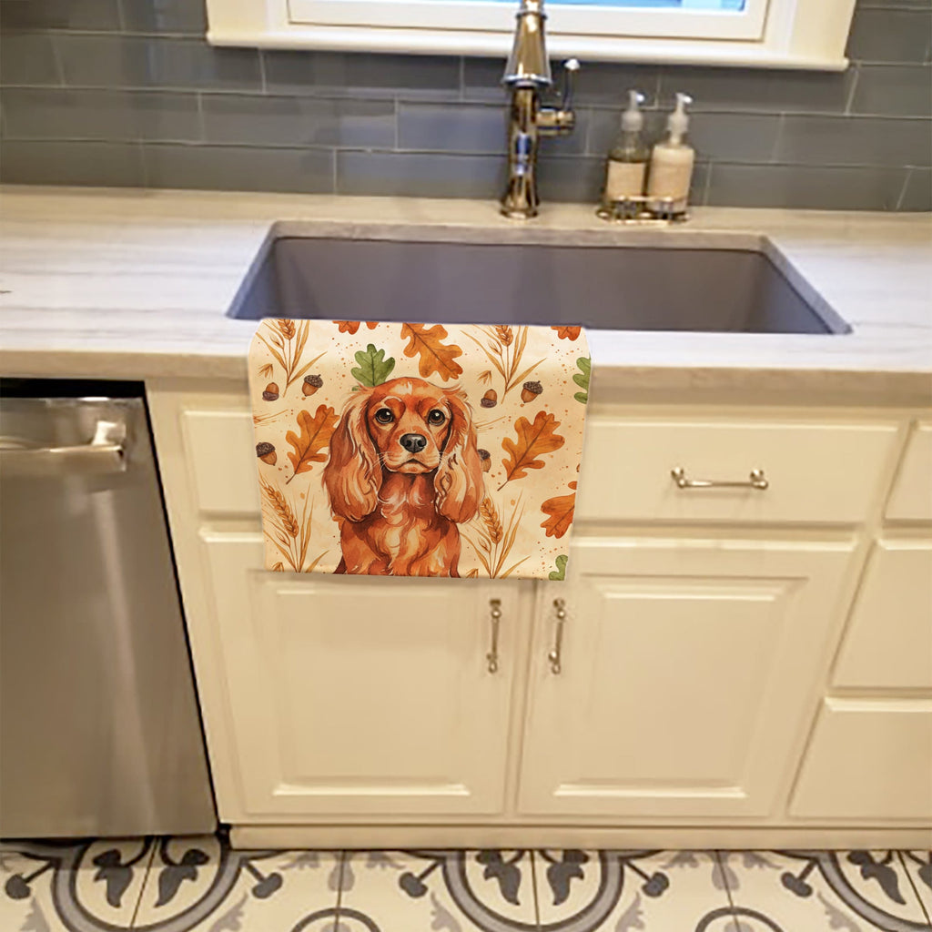 Ruby English Toy Spaniel Heirloom Fall Kitchen Towel Velour Plush Front and Cotton Loop Back Machine Washable