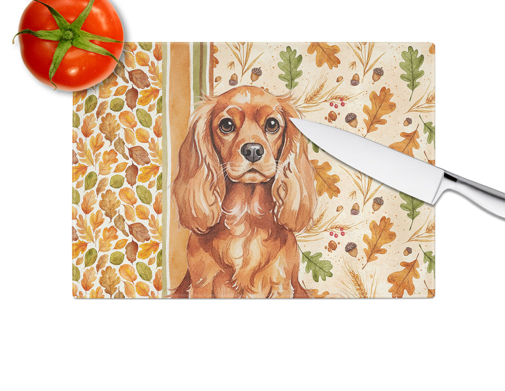 Ruby English Toy Spaniel Heirloom Fall Cutting Board Tempered Glass Kitchen Cutting Surface, Heat Resistant Chopping, Non-Slip Feet, Food Prep & Serving