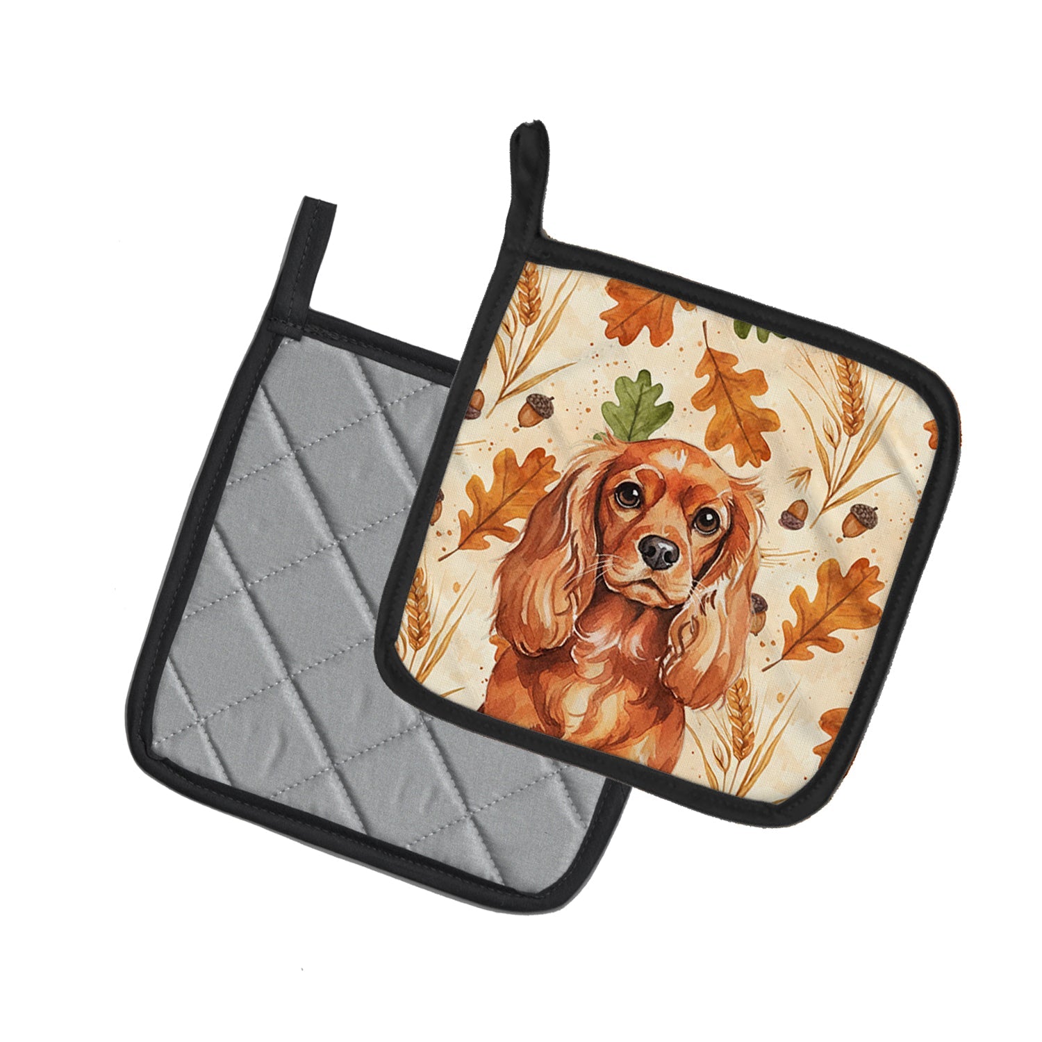 Ruby English Toy Spaniel Heirloom Fall Pot Holder Set of 2 Heat Resistant Quilted Hot Pads 7.5 x 7.5 Inch, Insulated Kitchen Trivets for Cooking & Baking