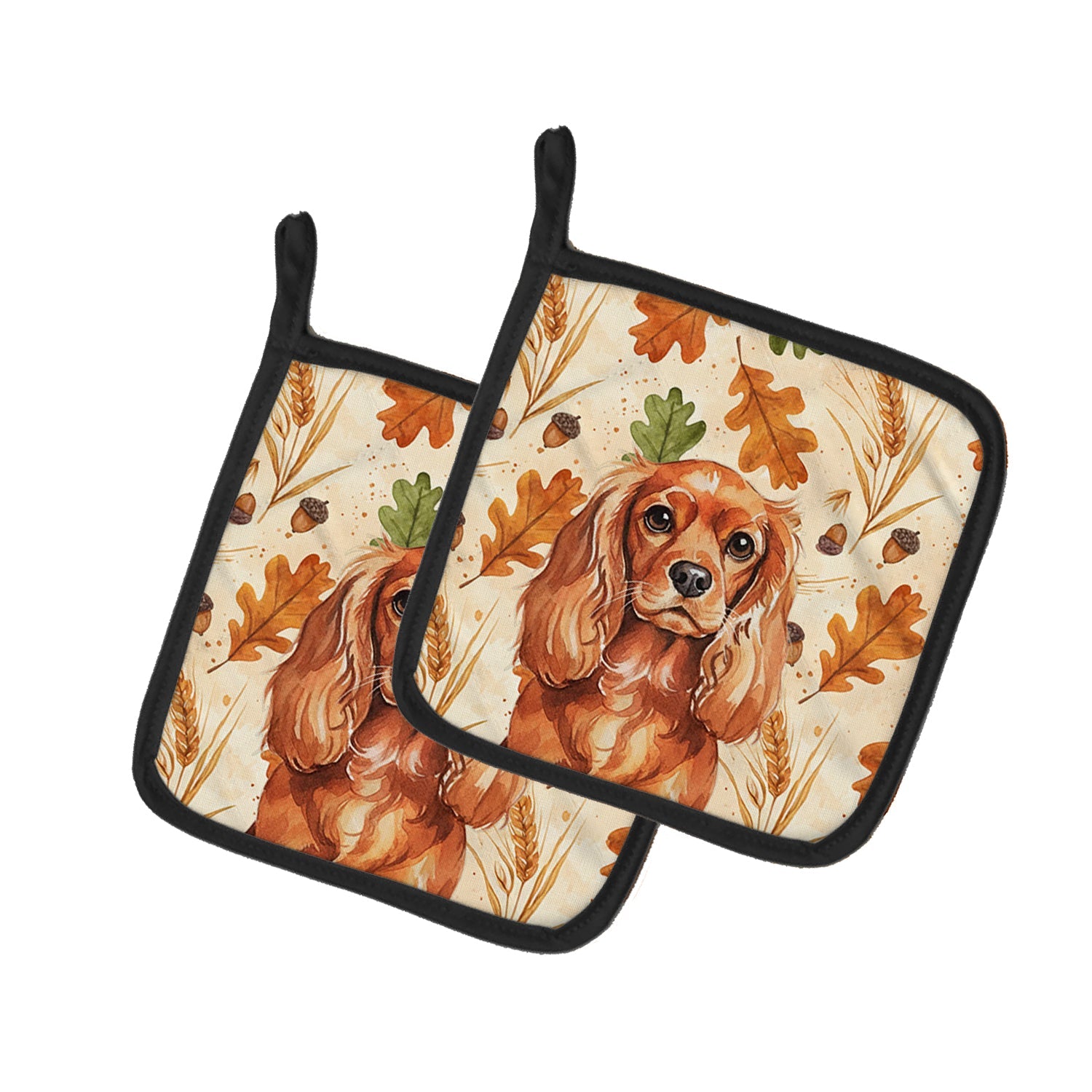 Ruby English Toy Spaniel Heirloom Fall Pot Holder Set of 2 Heat Resistant Quilted Hot Pads 7.5 x 7.5 Inch, Insulated Kitchen Trivets for Cooking & Baking
