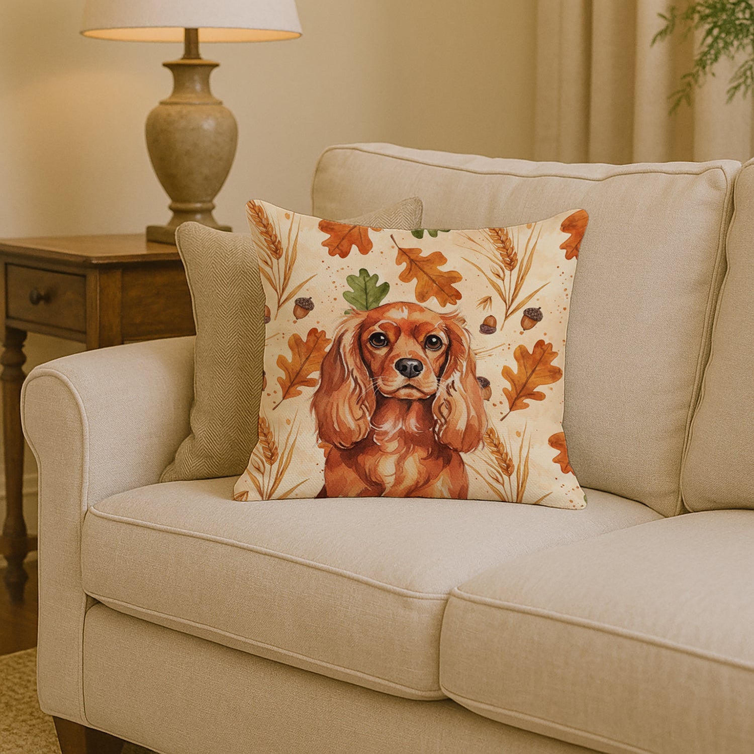 Ruby English Toy Spaniel Heirloom Fall Decorative Throw Pillow 14x14 Indoor Outdoor Accent Cushion, Fabric Cover with Insert for Sofa, Bed, Porch & Living Room