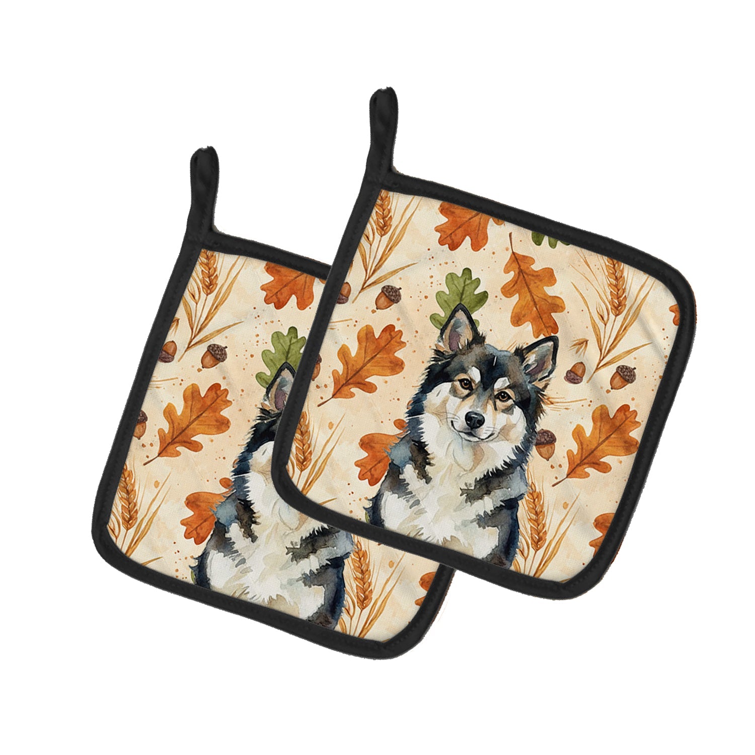 Finnish Lapphund Heirloom Fall Pot Holder Set of 2 Heat Resistant Quilted Hot Pads 7.5 x 7.5 Inch, Insulated Kitchen Trivets for Cooking & Baking
