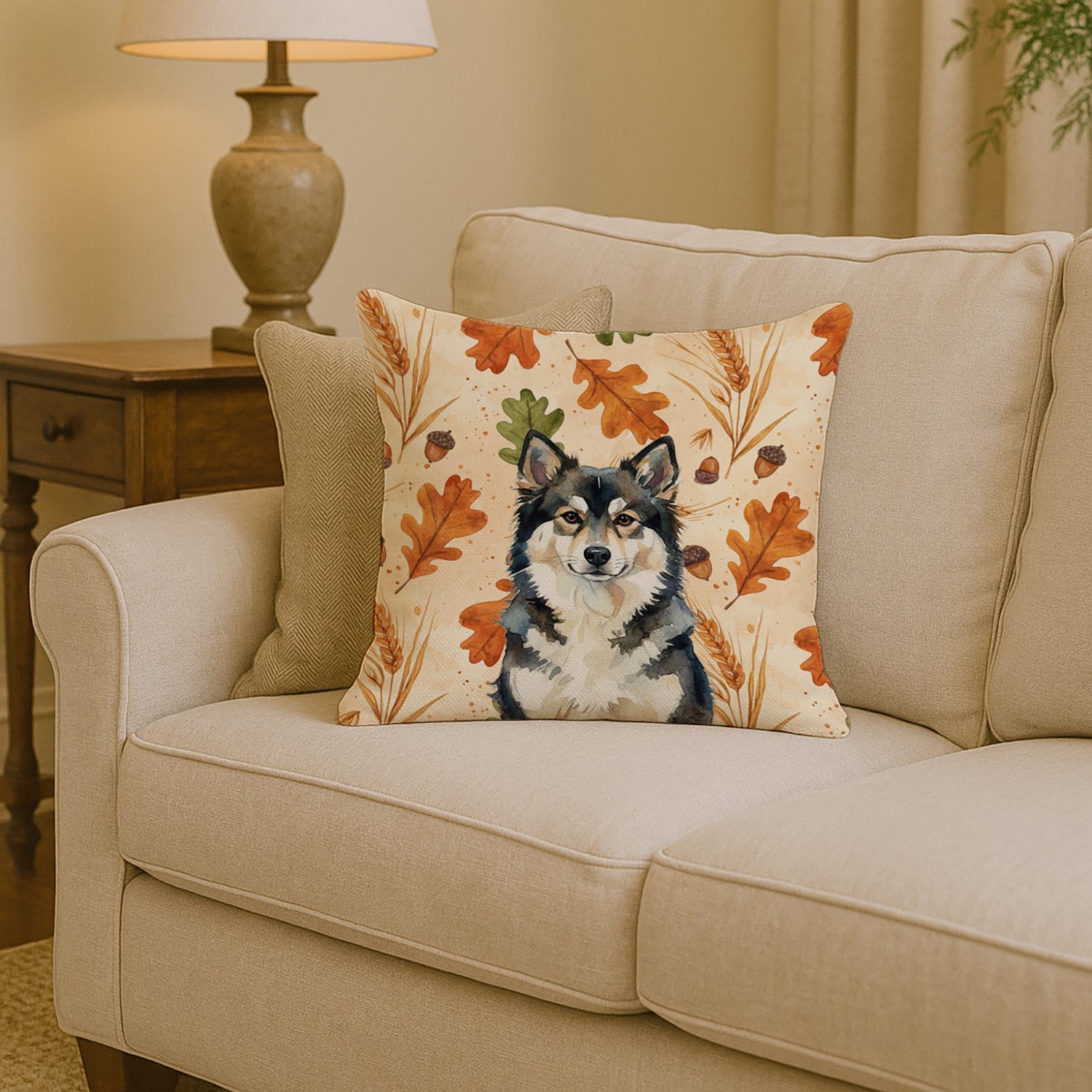 Finnish Lapphund Heirloom Fall Decorative Throw Pillow 14x14 Indoor Outdoor Accent Cushion, Fabric Cover with Insert for Sofa, Bed, Porch & Living Room