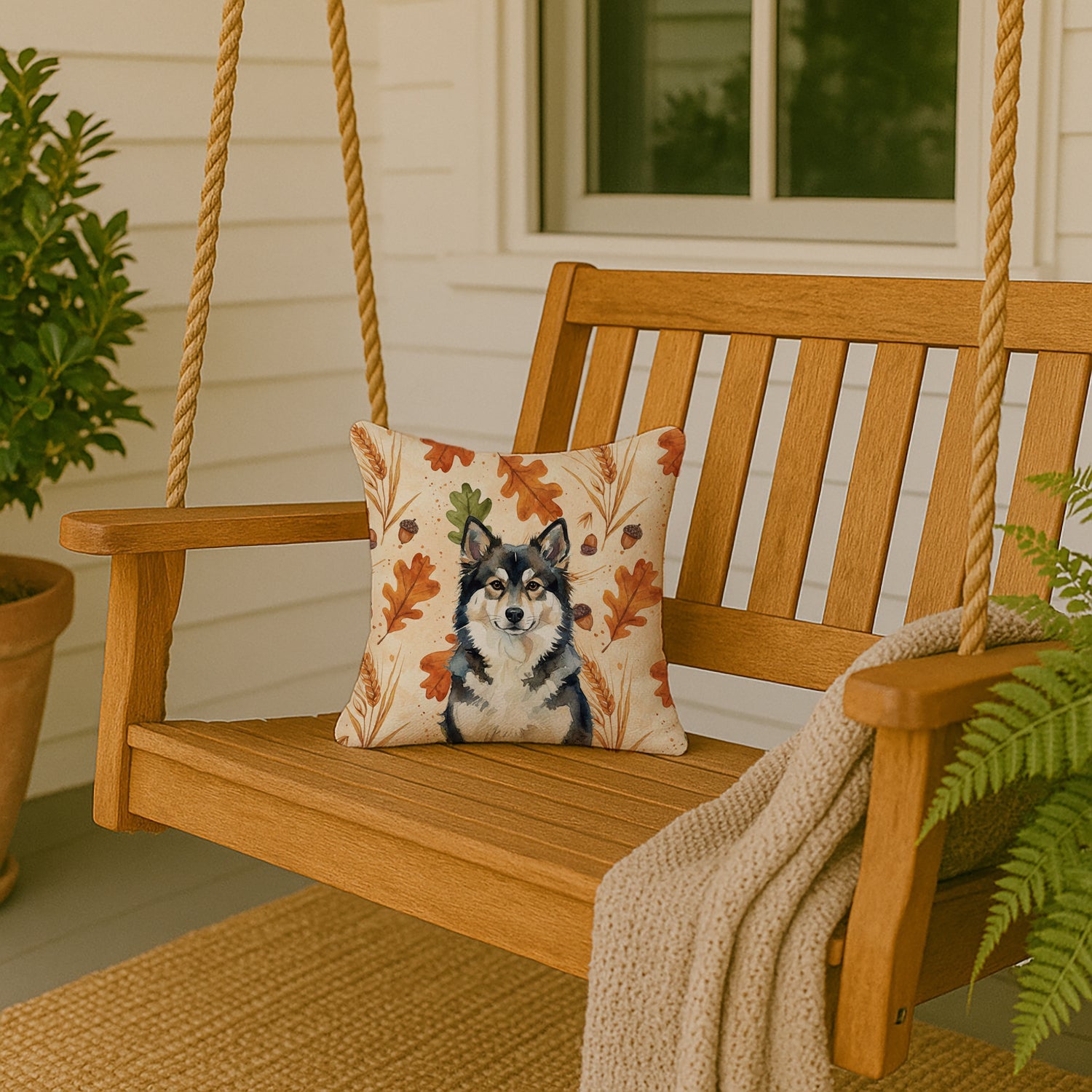 Finnish Lapphund Heirloom Fall Decorative Throw Pillow 14x14 Indoor Outdoor Accent Cushion, Fabric Cover with Insert for Sofa, Bed, Porch & Living Room