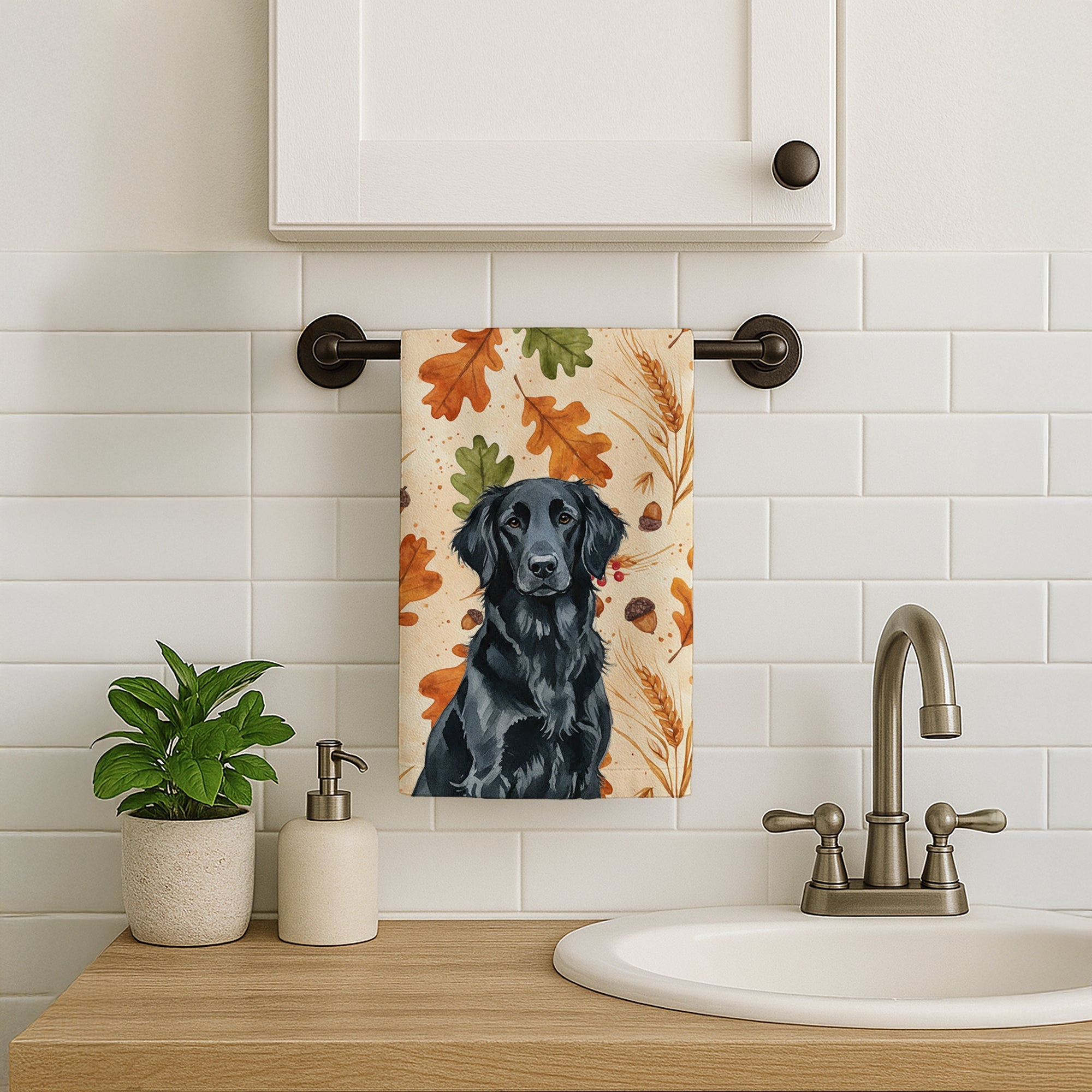 Black Flat-Coated Retriever Heirloom Fall Kitchen Towel Velour Plush Front and Cotton Loop Back Machine Washable