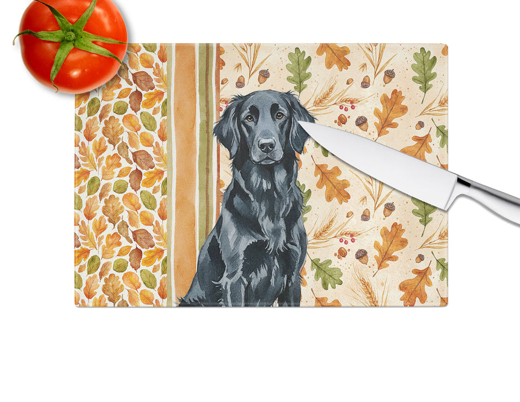 Black Flat-Coated Retriever Heirloom Fall Cutting Board Tempered Glass Kitchen Cutting Surface, Heat Resistant Chopping, Non-Slip Feet, Food Prep & Serving
