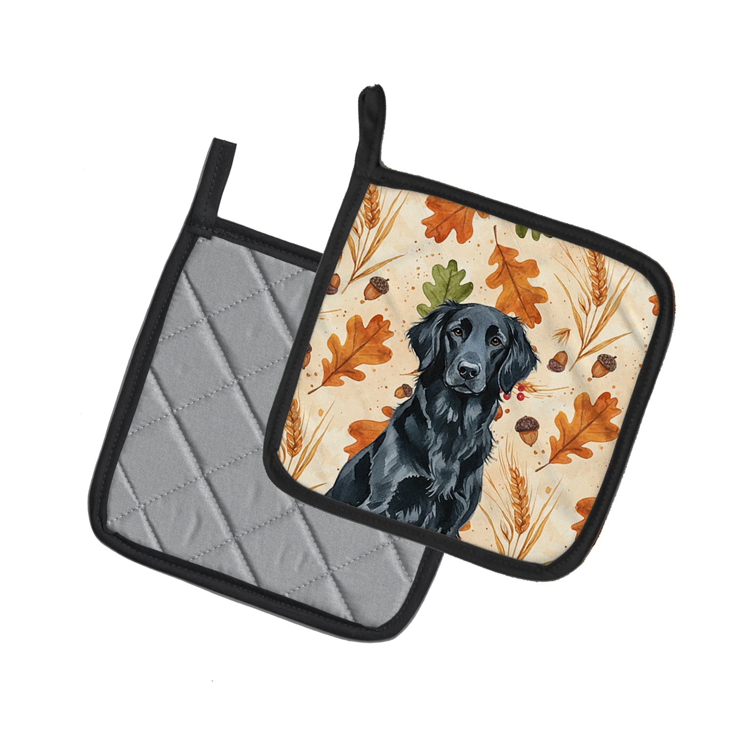 Black Flat-Coated Retriever Heirloom Fall Pot Holder Set of 2 Heat Resistant Quilted Hot Pads 7.5 x 7.5 Inch, Insulated Kitchen Trivets for Cooking & Baking