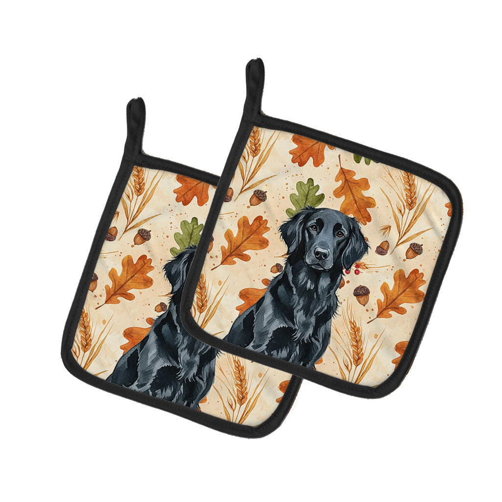 Black Flat-Coated Retriever Heirloom Fall Pot Holder Set of 2 Heat Resistant Quilted Hot Pads 7.5 x 7.5 Inch, Insulated Kitchen Trivets for Cooking & Baking