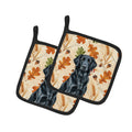 Black Flat-Coated Retriever Heirloom Fall Pot Holder Set of 2 Heat Resistant Quilted Hot Pads 7.5 x 7.5 Inch, Insulated Kitchen Trivets for Cooking & Baking