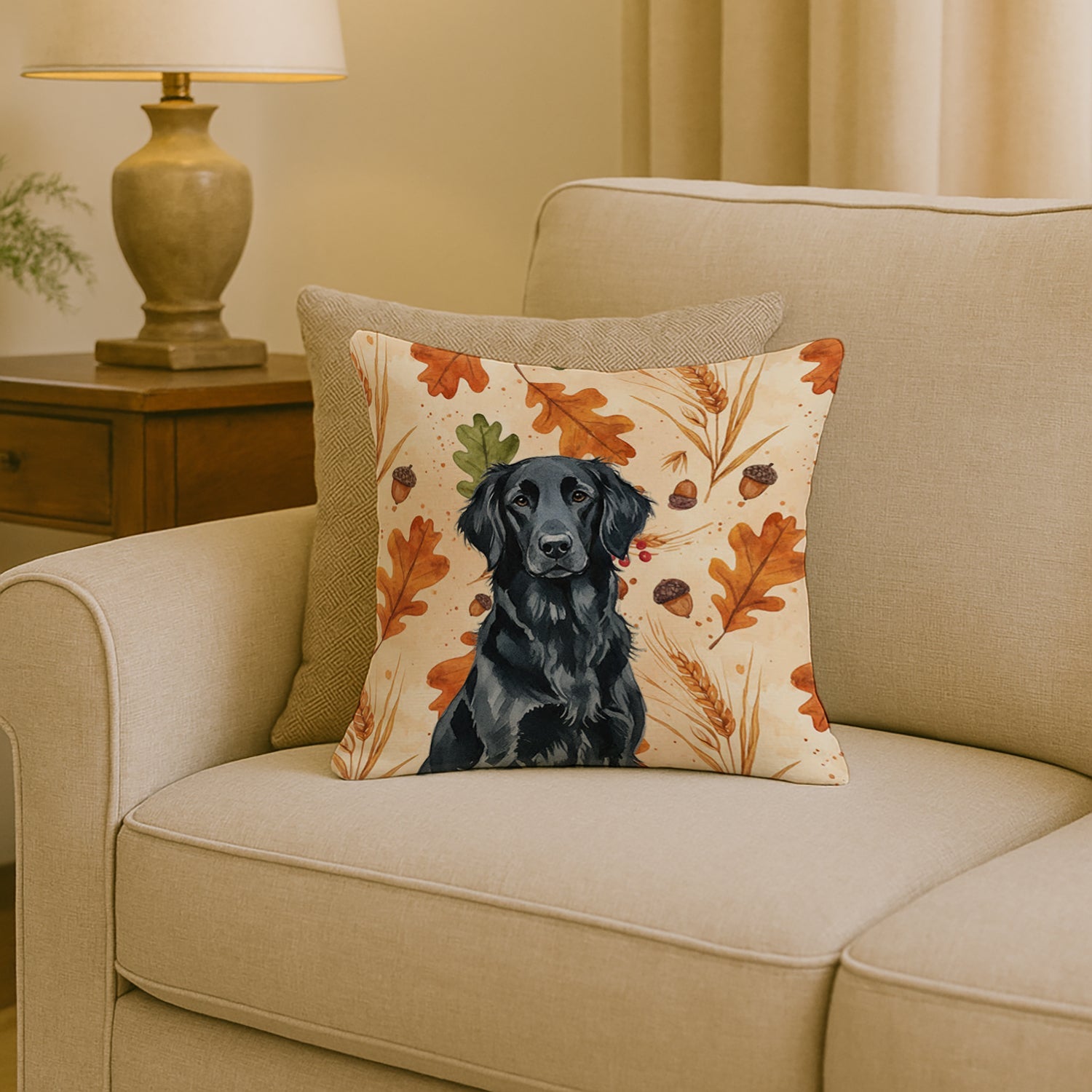 Black Flat-Coated Retriever Heirloom Fall Decorative Throw Pillow 18x18 Indoor Outdoor Accent Cushion, Fabric Cover with Insert for Sofa, Bed, Porch & Living Room