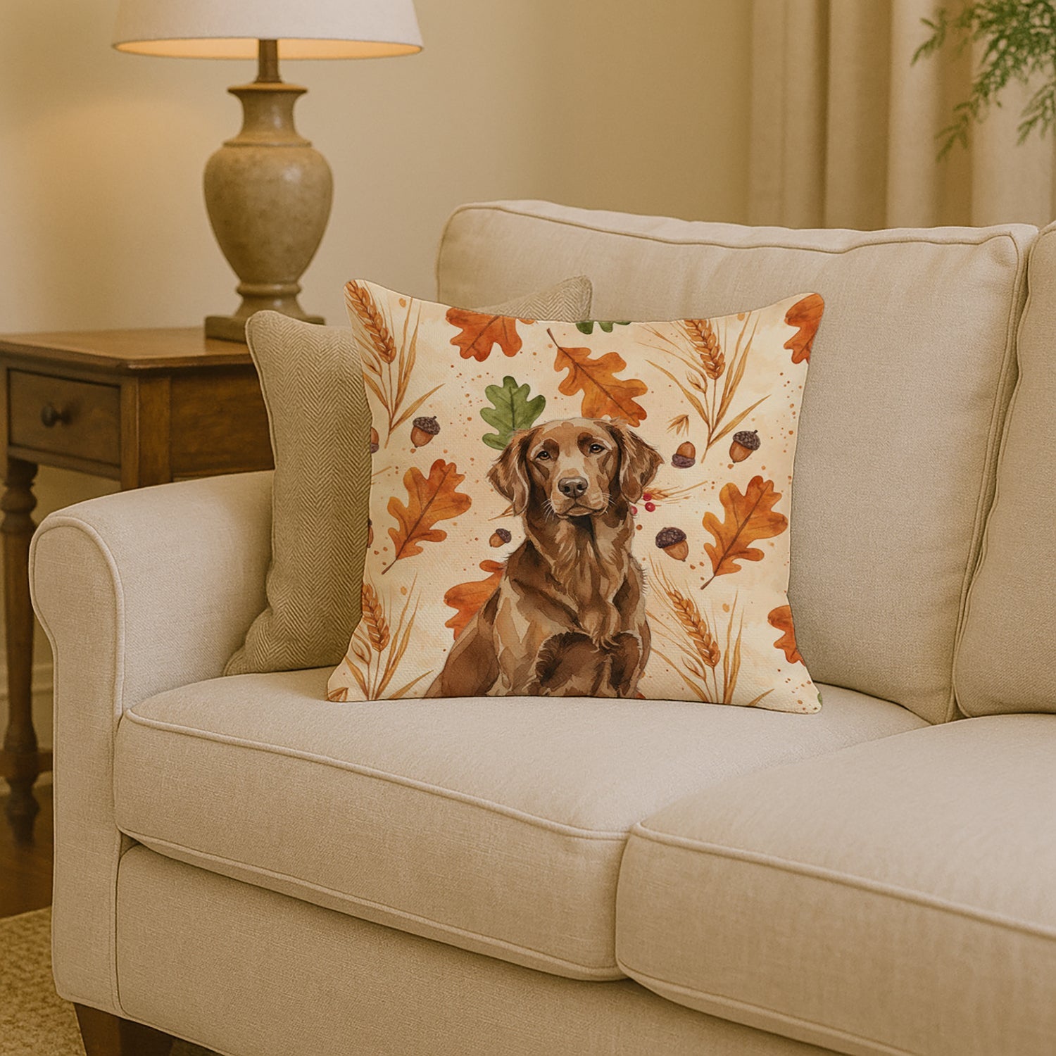 Liver Flat-Coated Retriever Heirloom Fall Decorative Throw Pillow 14x14 Indoor Outdoor Accent Cushion, Fabric Cover with Insert for Sofa, Bed, Porch & Living Room