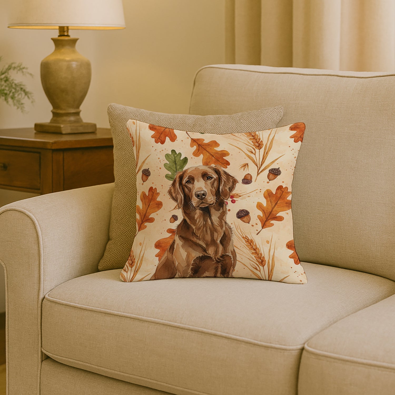 Liver Flat-Coated Retriever Heirloom Fall Decorative Throw Pillow 18x18 Indoor Outdoor Accent Cushion, Fabric Cover with Insert for Sofa, Bed, Porch & Living Room
