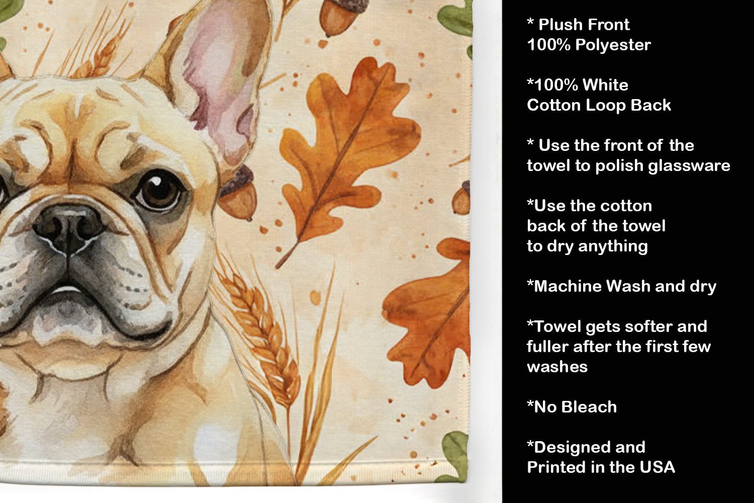 Fawn French Bulldog Heirloom Fall Kitchen Towel Velour Plush Front and Cotton Loop Back Machine Washable