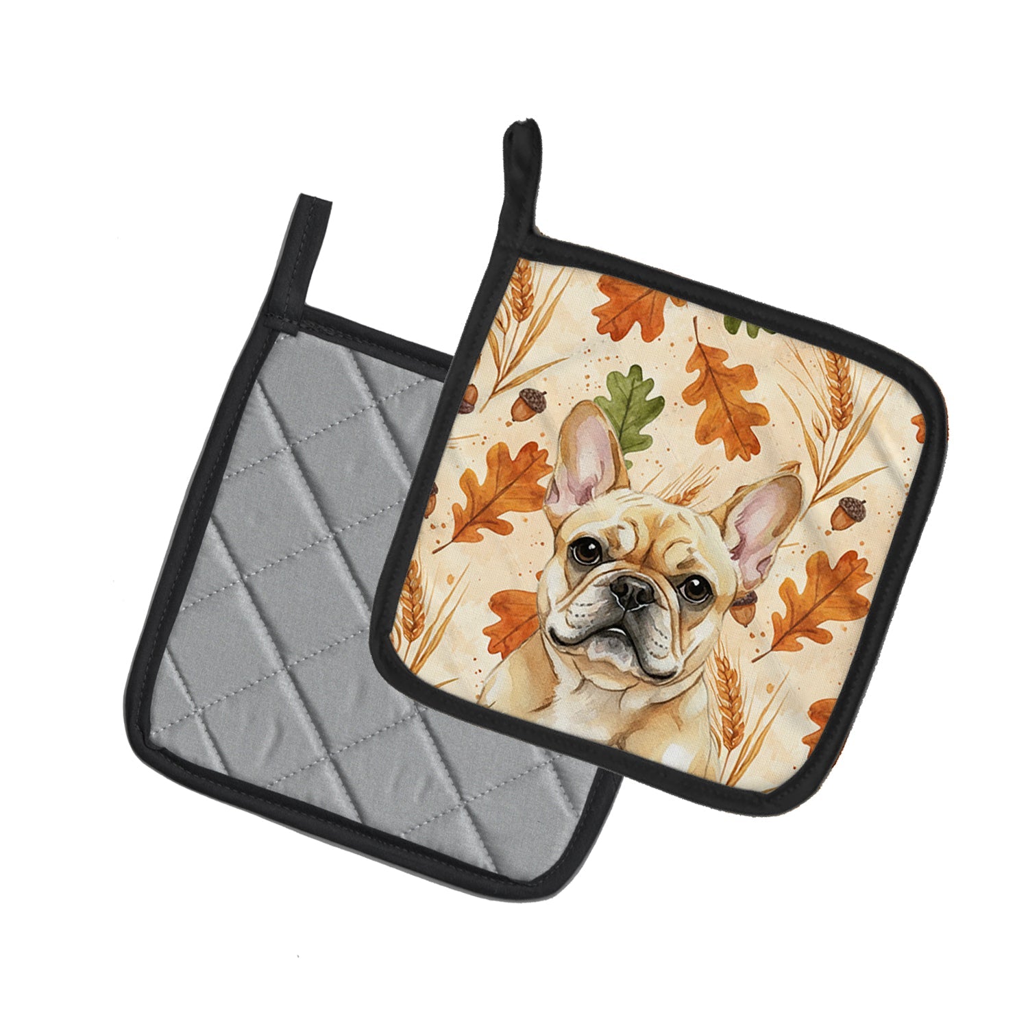 Fawn French Bulldog Heirloom Fall Pot Holder Set of 2 Heat Resistant Quilted Hot Pads 7.5 x 7.5 Inch, Insulated Kitchen Trivets for Cooking & Baking