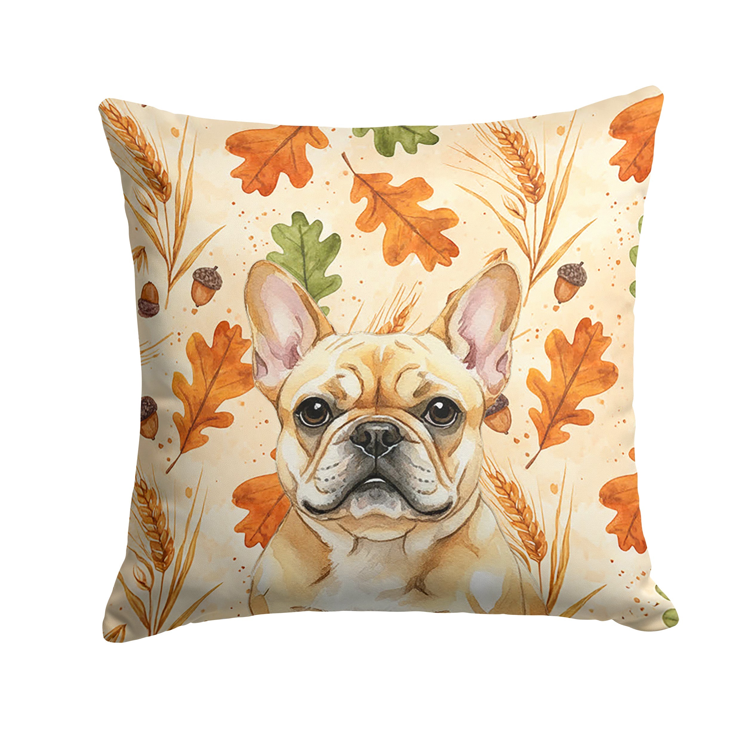 Fawn French Bulldog Heirloom Fall Decorative Throw Pillow 14x14 Indoor Outdoor Accent Cushion, Fabric Cover with Insert for Sofa, Bed, Porch & Living Room