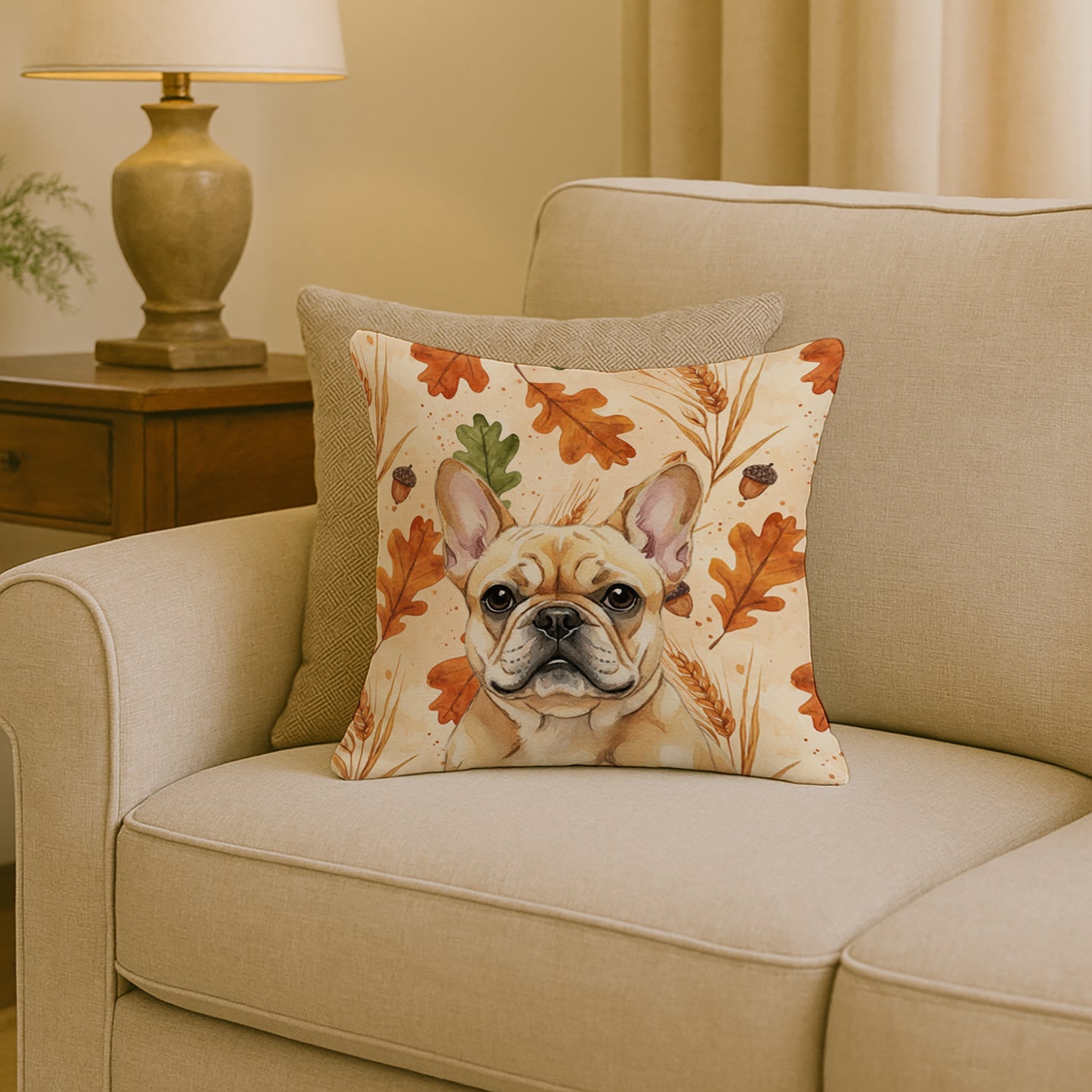 Fawn French Bulldog Heirloom Fall Decorative Throw Pillow 18x18 Indoor Outdoor Accent Cushion, Fabric Cover with Insert for Sofa, Bed, Porch & Living Room