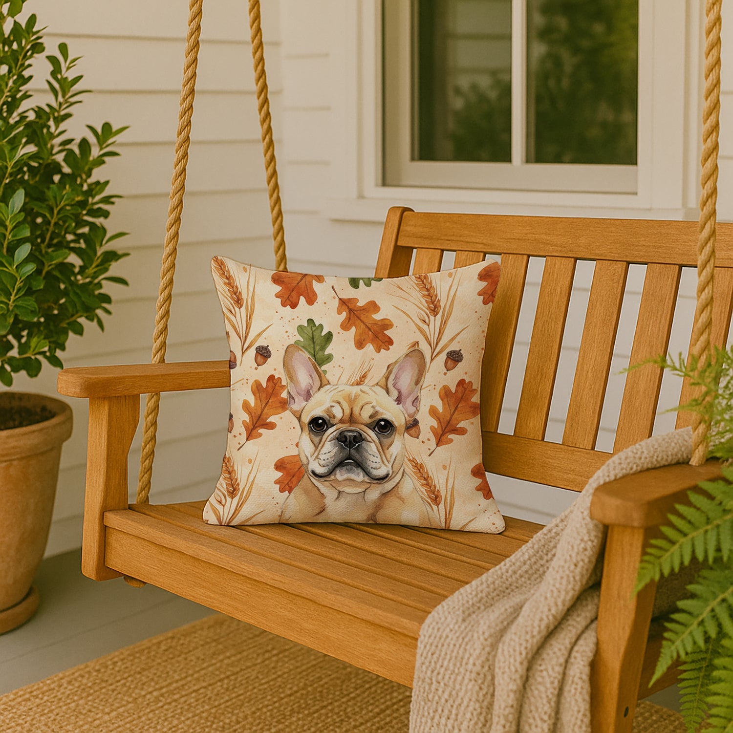 Fawn French Bulldog Heirloom Fall Decorative Throw Pillow 18x18 Indoor Outdoor Accent Cushion, Fabric Cover with Insert for Sofa, Bed, Porch & Living Room