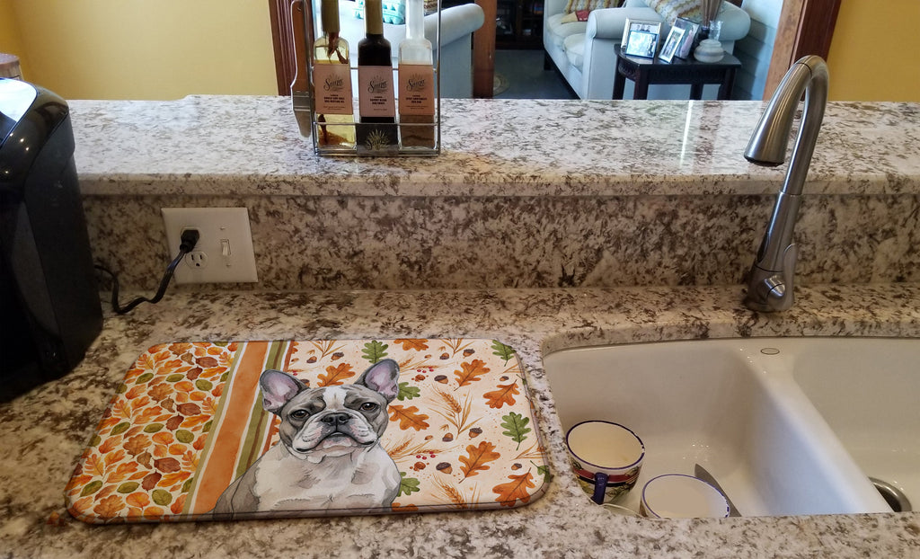 Pied French Bulldog Heirloom Fall Dish Drying Mat Absorbent Dish Drying Mat Pad for Kitchen Counter Dish Drainer Mat for Countertop, 14 x 21", Multicolor