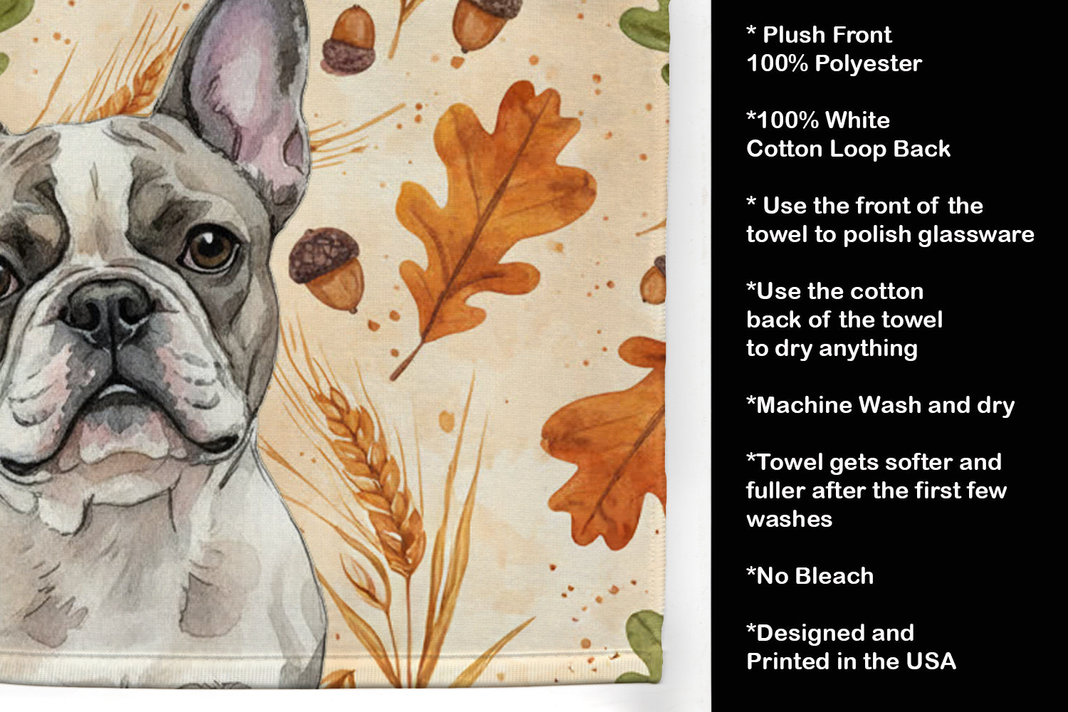 Pied French Bulldog Heirloom Fall Kitchen Towel Velour Plush Front and Cotton Loop Back Machine Washable