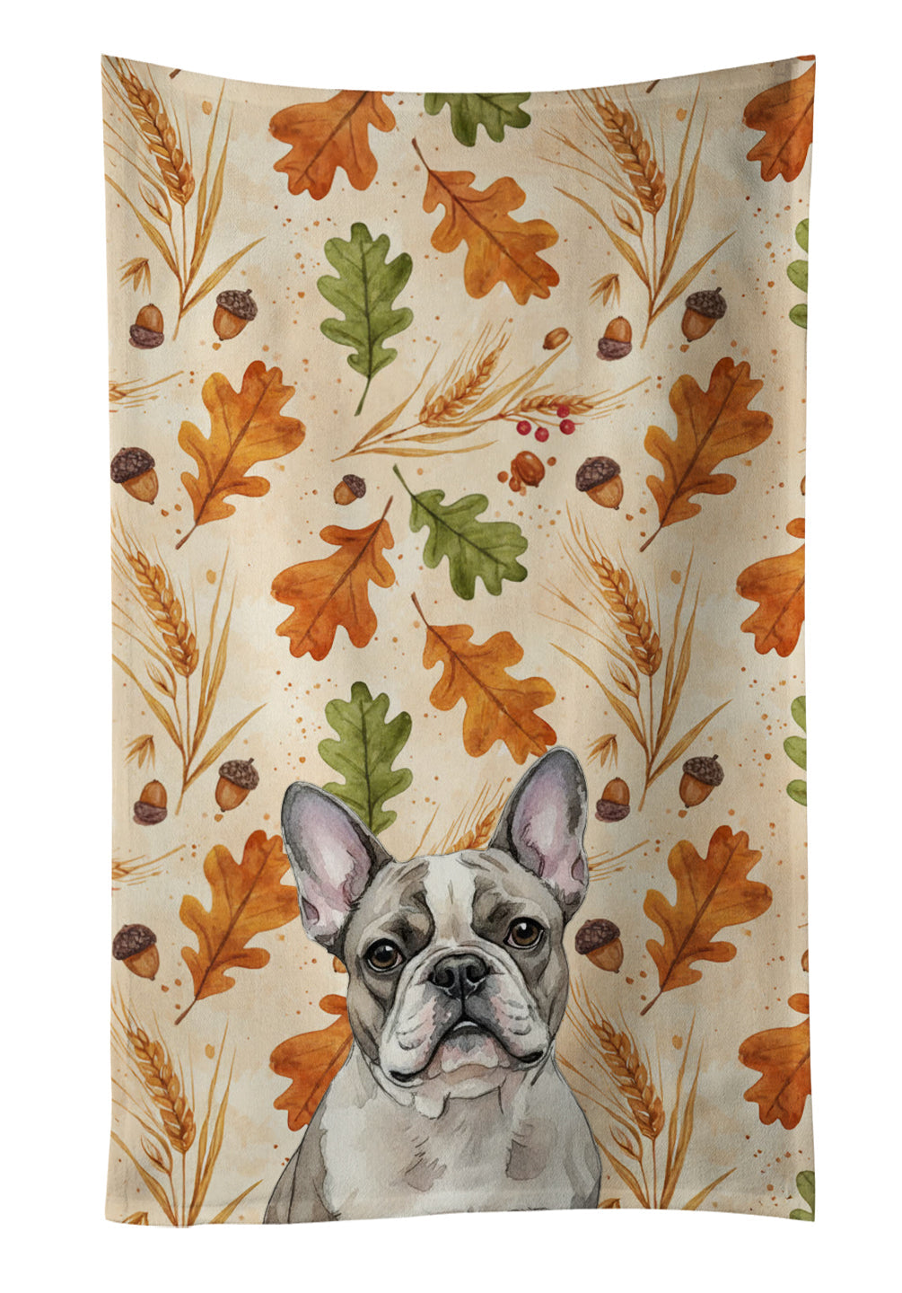 Pied French Bulldog Heirloom Fall Kitchen Towel Velour Plush Front and Cotton Loop Back Machine Washable