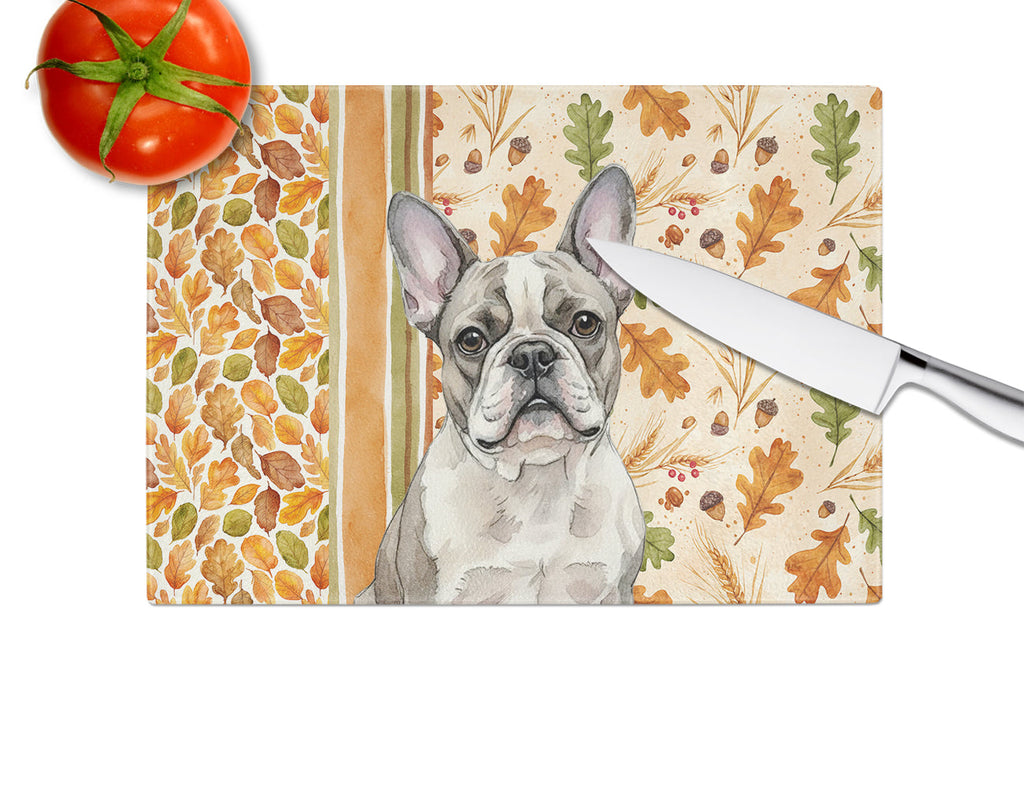 Pied French Bulldog Heirloom Fall Cutting Board Tempered Glass Kitchen Cutting Surface, Heat Resistant Chopping, Non-Slip Feet, Food Prep & Serving
