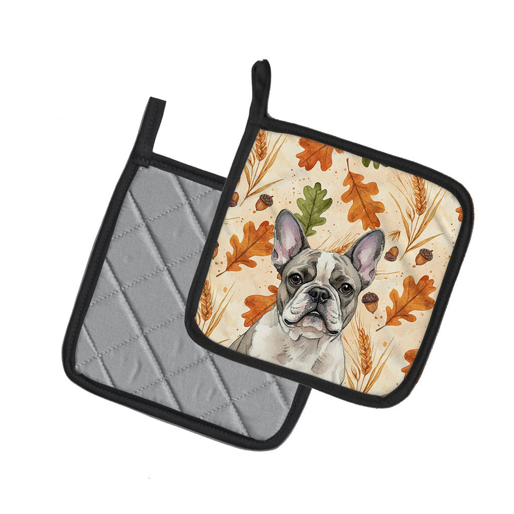 Pied French Bulldog Heirloom Fall Pot Holder Set of 2 Heat Resistant Quilted Hot Pads 7.5 x 7.5 Inch, Insulated Kitchen Trivets for Cooking & Baking