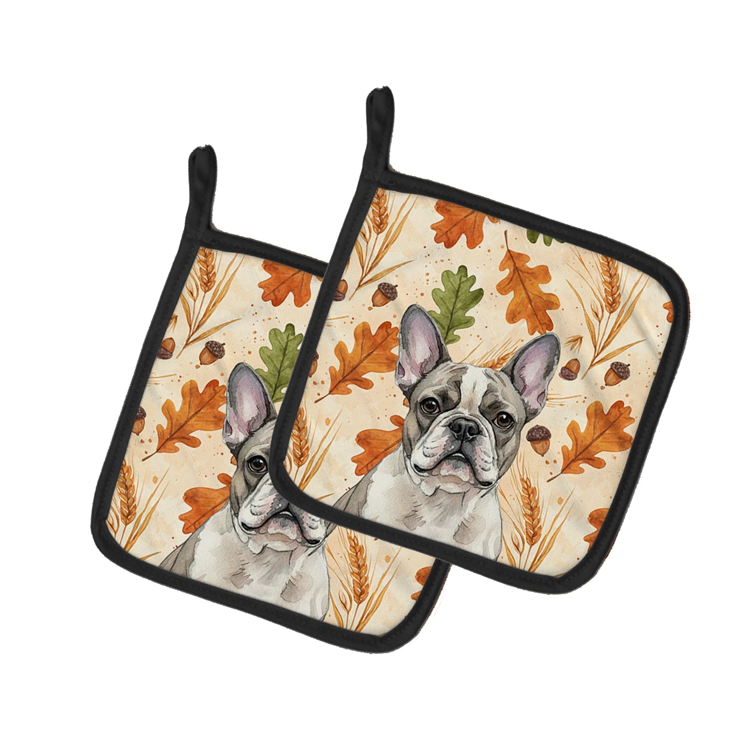 Pied French Bulldog Heirloom Fall Pot Holder Set of 2 Heat Resistant Quilted Hot Pads 7.5 x 7.5 Inch, Insulated Kitchen Trivets for Cooking & Baking