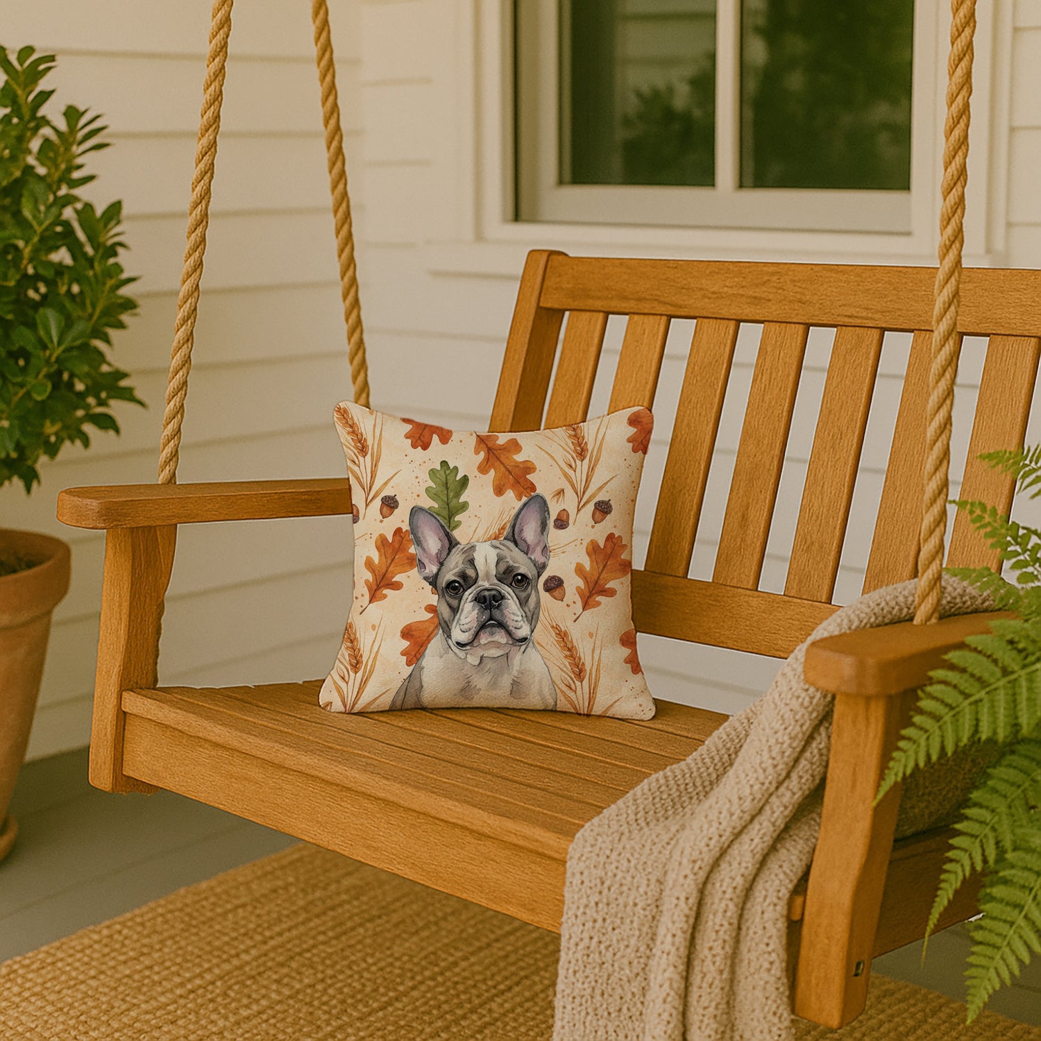 Pied French Bulldog Heirloom Fall Decorative Throw Pillow 14x14 Indoor Outdoor Accent Cushion, Fabric Cover with Insert for Sofa, Bed, Porch & Living Room