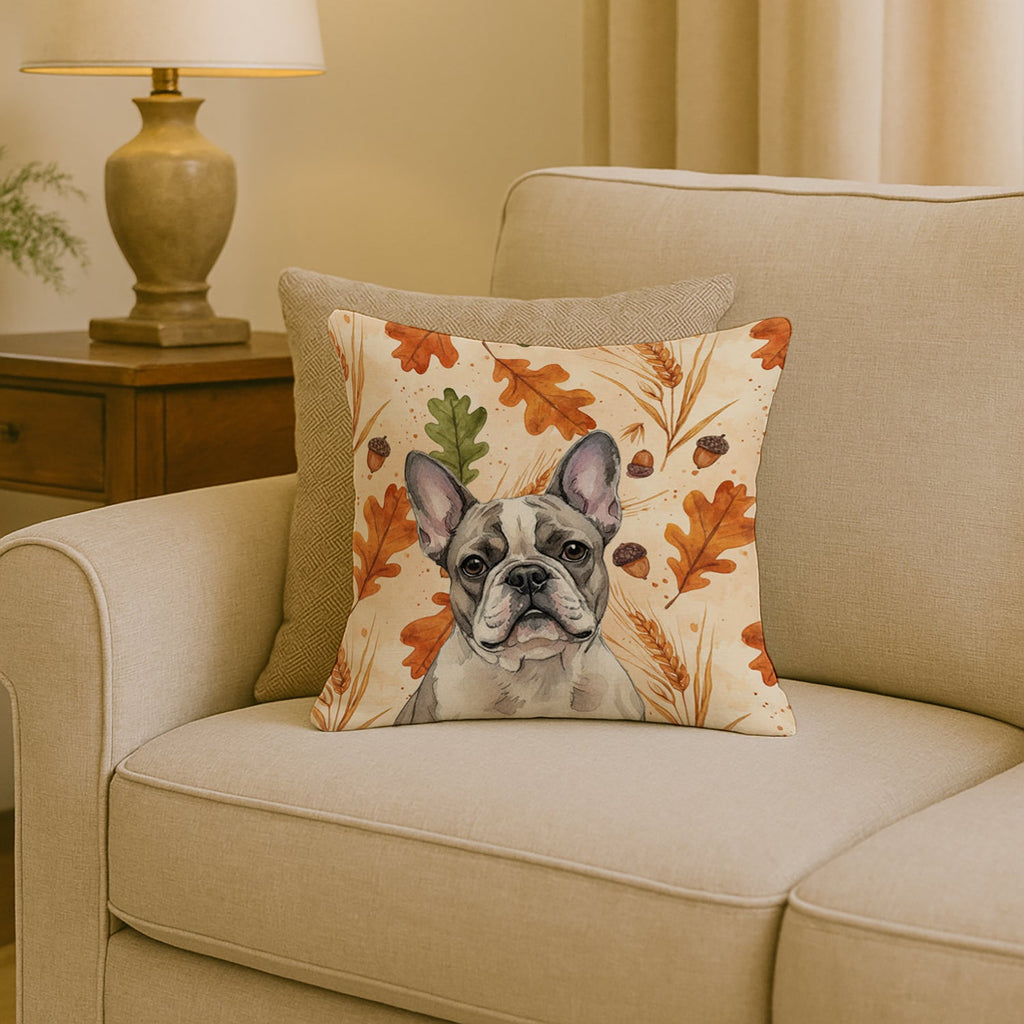 Pied French Bulldog Heirloom Fall Decorative Throw Pillow 18x18 Indoor Outdoor Accent Cushion, Fabric Cover with Insert for Sofa, Bed, Porch & Living Room