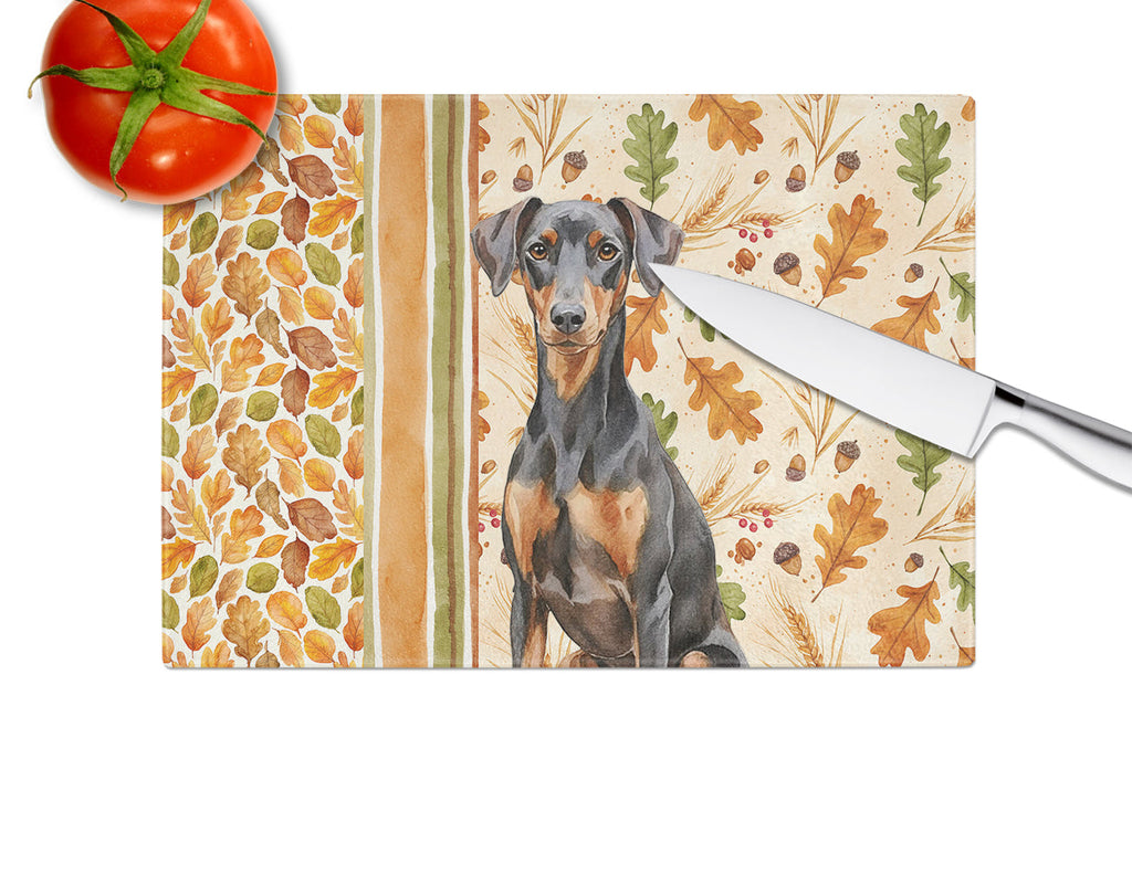 German Pinscher Heirloom Fall Cutting Board Tempered Glass Kitchen Cutting Surface, Heat Resistant Chopping, Non-Slip Feet, Food Prep & Serving