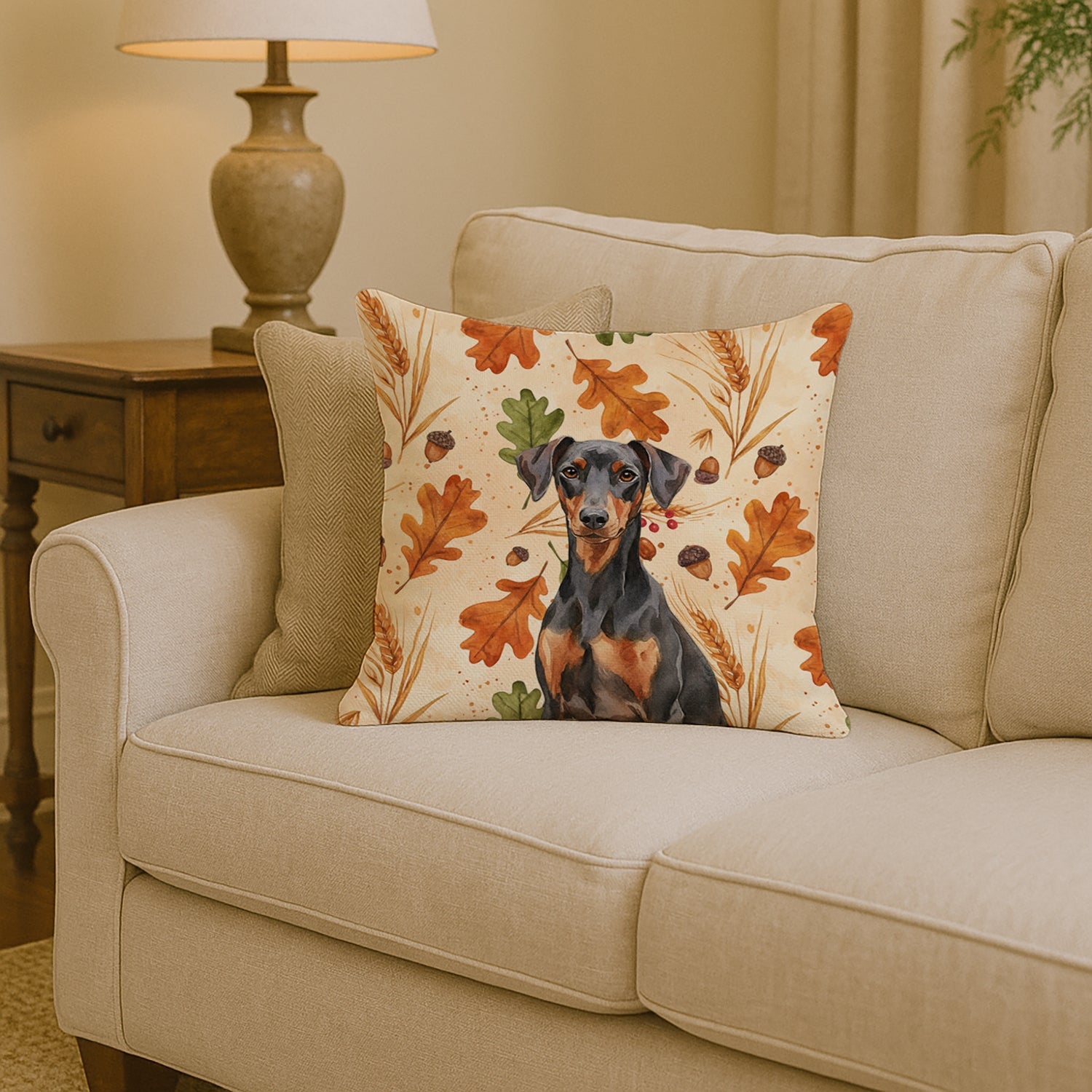 German Pinscher Heirloom Fall Decorative Throw Pillow 14x14 Indoor Outdoor Accent Cushion, Fabric Cover with Insert for Sofa, Bed, Porch & Living Room