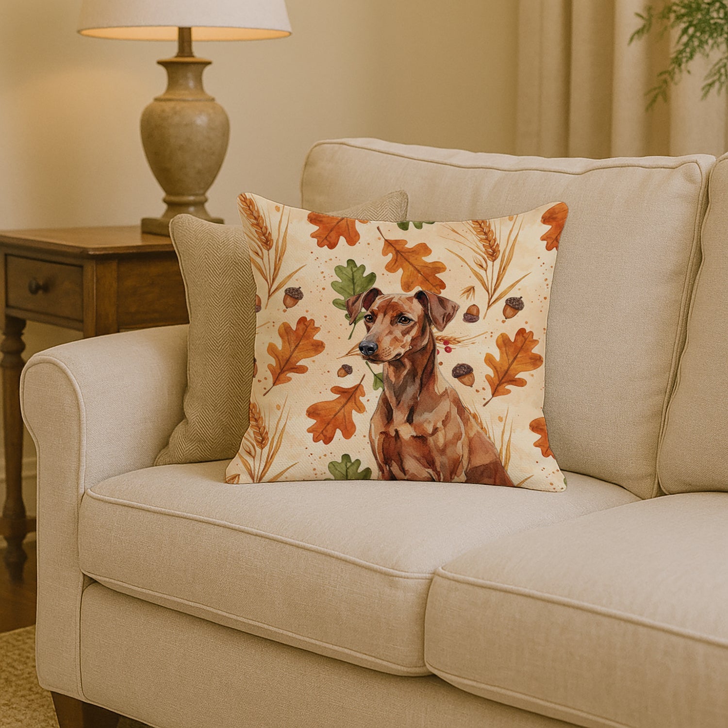 Red German Pinscher Heirloom Fall Decorative Throw Pillow 14x14 Indoor Outdoor Accent Cushion, Fabric Cover with Insert for Sofa, Bed, Porch & Living Room