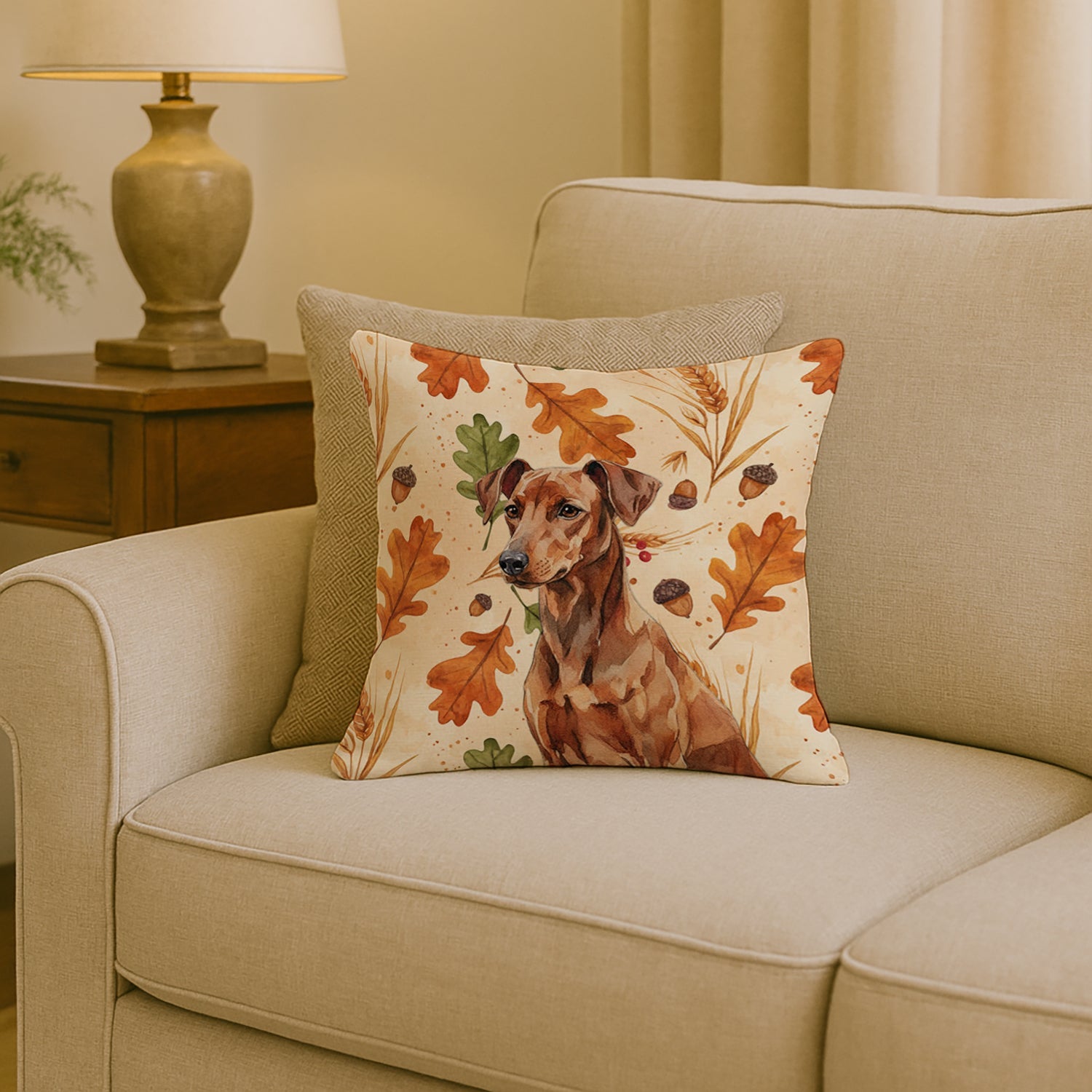 Red German Pinscher Heirloom Fall Decorative Throw Pillow 18x18 Indoor Outdoor Accent Cushion, Fabric Cover with Insert for Sofa, Bed, Porch & Living Room