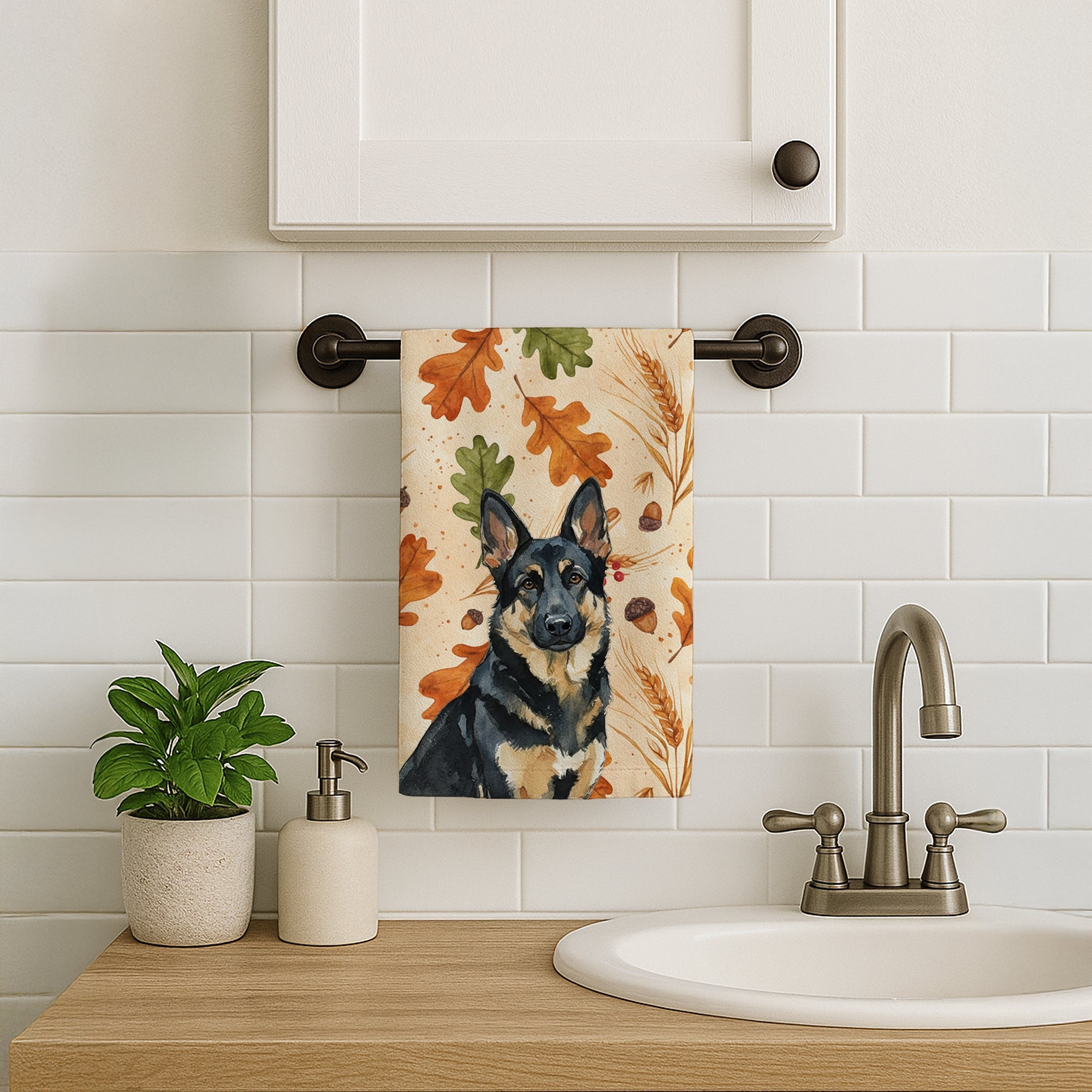Black and Tan German Shepherd Heirloom Fall Kitchen Towel Velour Plush Front and Cotton Loop Back Machine Washable