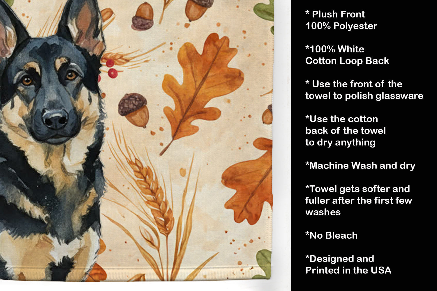 Black and Tan German Shepherd Heirloom Fall Kitchen Towel Velour Plush Front and Cotton Loop Back Machine Washable