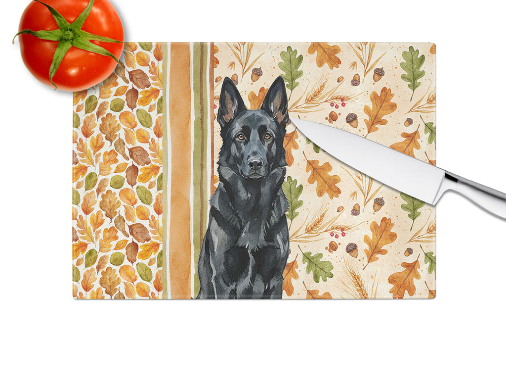 Black German Shepherd Heirloom Fall Cutting Board Tempered Glass Kitchen Cutting Surface, Heat Resistant Chopping, Non-Slip Feet, Food Prep & Serving