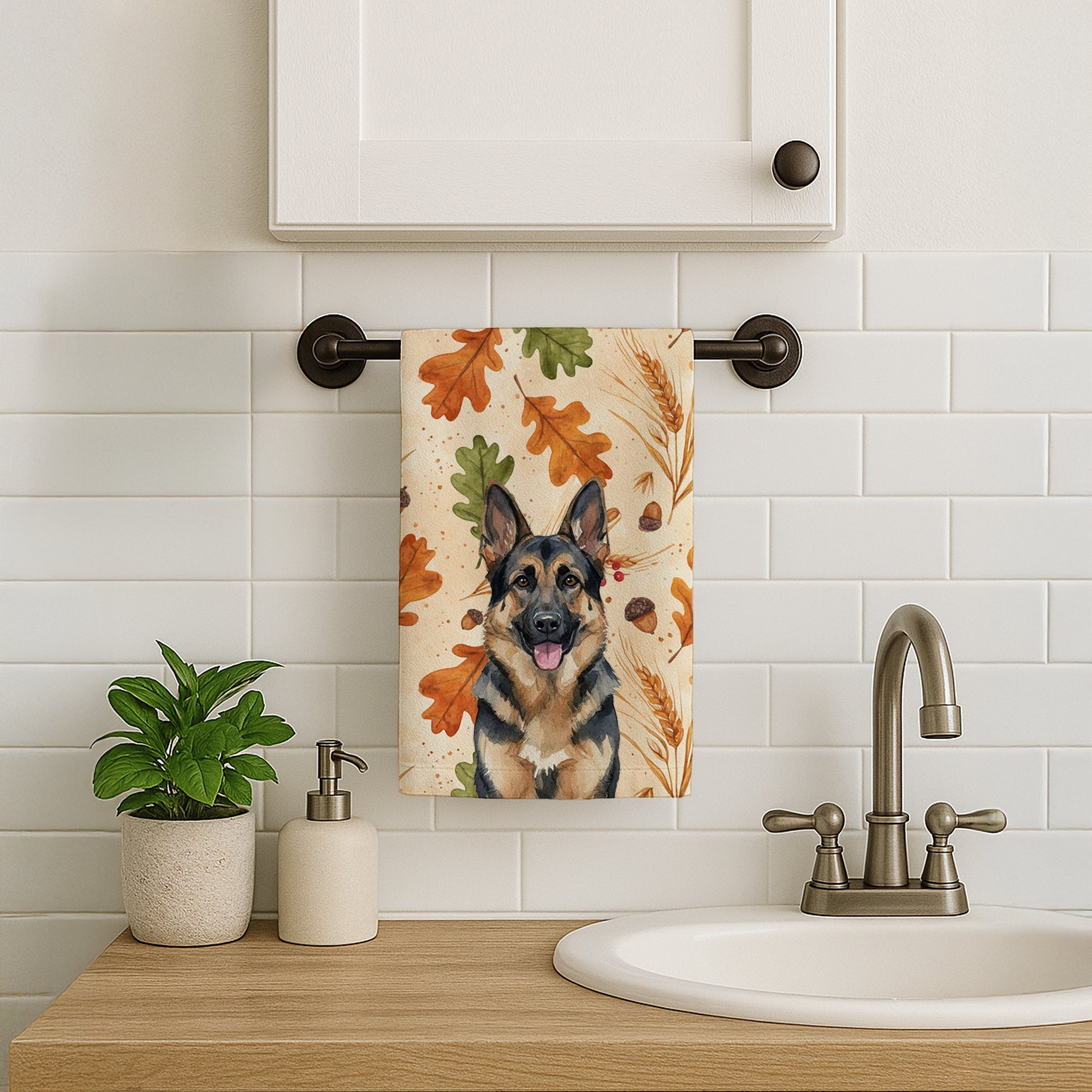 German Shepherd Heirloom Fall Kitchen Towel Velour Plush Front and Cotton Loop Back Machine Washable