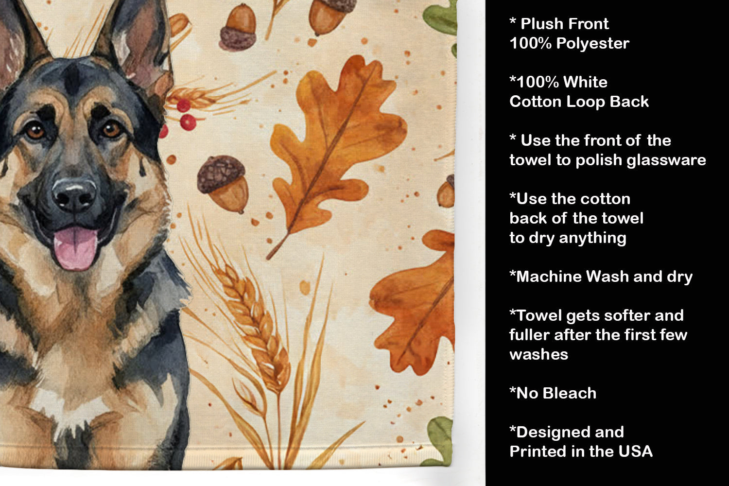 German Shepherd Heirloom Fall Kitchen Towel Velour Plush Front and Cotton Loop Back Machine Washable
