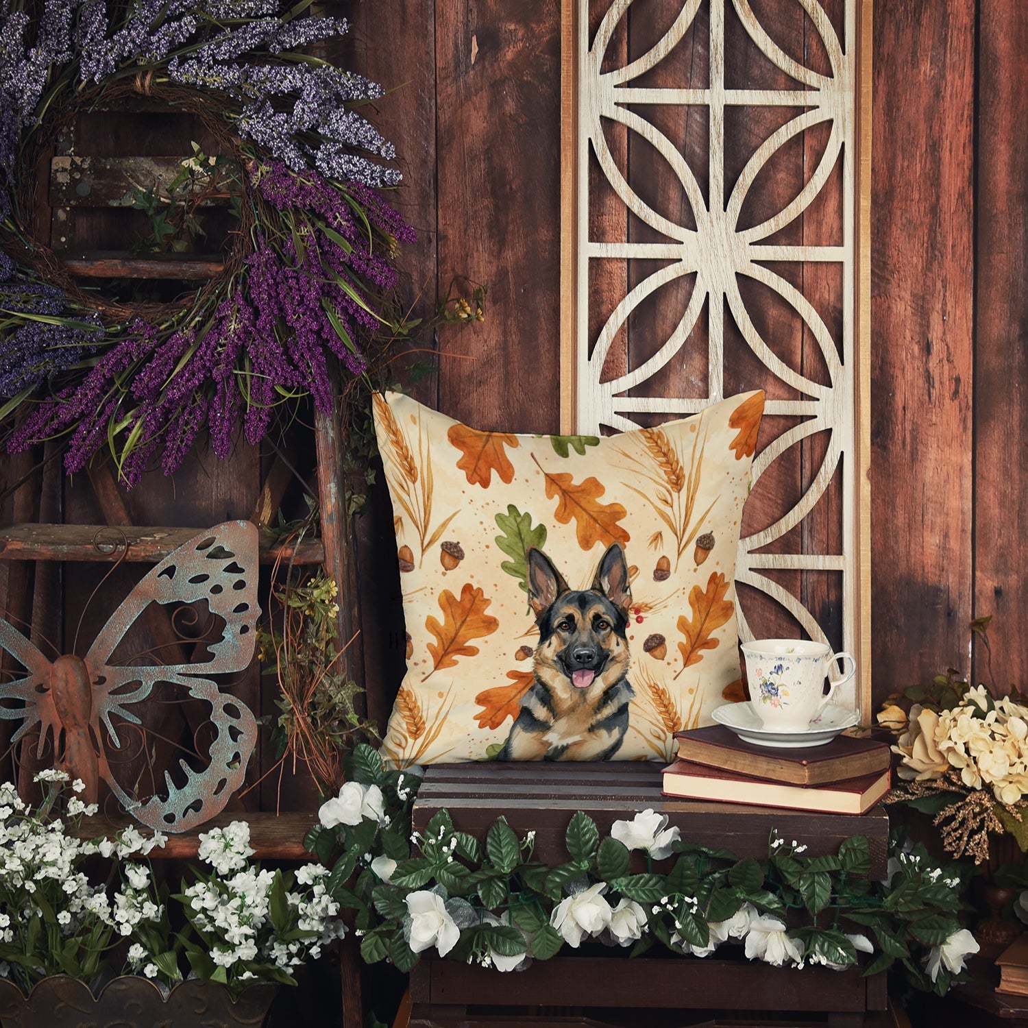 German Shepherd Heirloom Fall Decorative Throw Pillow 14x14 Indoor Outdoor Accent Cushion, Fabric Cover with Insert for Sofa, Bed, Porch & Living Room
