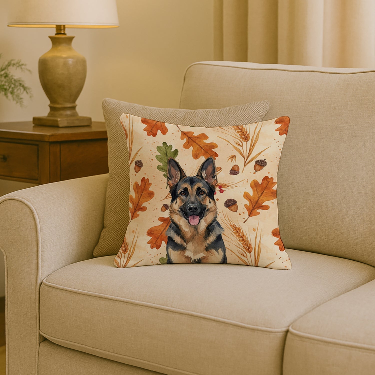 German Shepherd Heirloom Fall Decorative Throw Pillow 18x18 Indoor Outdoor Accent Cushion, Fabric Cover with Insert for Sofa, Bed, Porch & Living Room