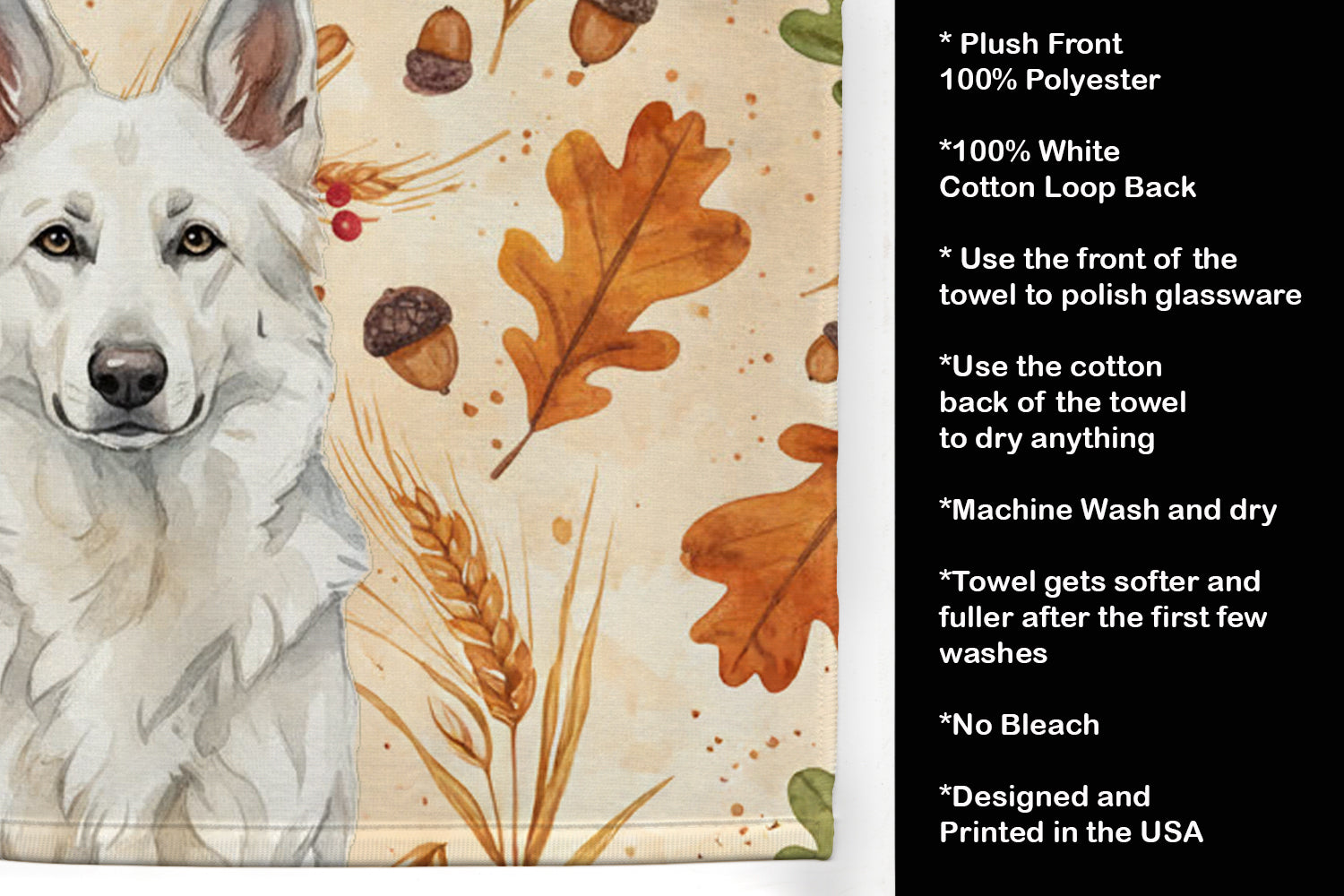 White German Shepherd Heirloom Fall Kitchen Towel Velour Plush Front and Cotton Loop Back Machine Washable