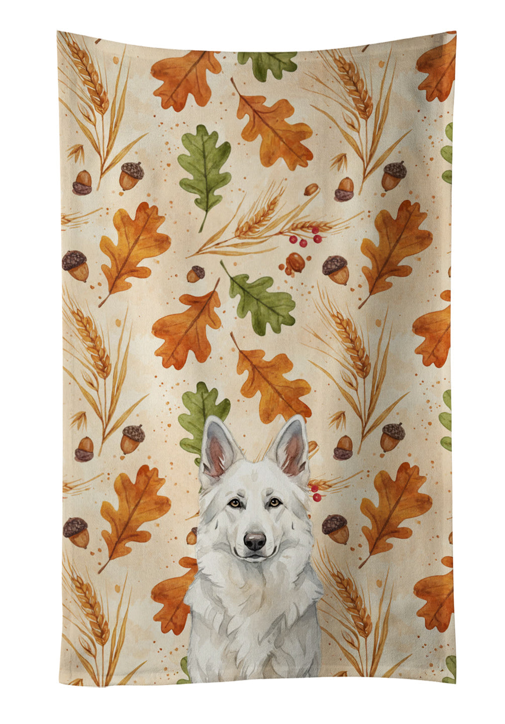 White German Shepherd Heirloom Fall Kitchen Towel Velour Plush Front and Cotton Loop Back Machine Washable