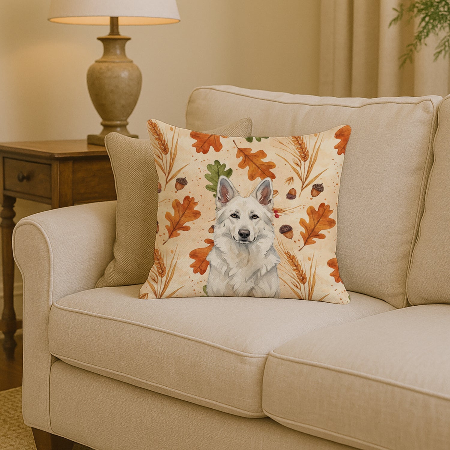 White German Shepherd Heirloom Fall Decorative Throw Pillow 14x14 Indoor Outdoor Accent Cushion, Fabric Cover with Insert for Sofa, Bed, Porch & Living Room