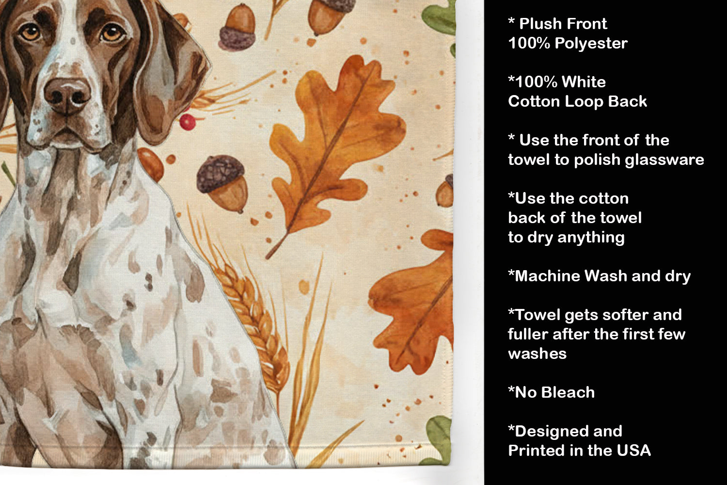 German Shorthaired Pointer Heirloom Fall Kitchen Towel Velour Plush Front and Cotton Loop Back Machine Washable