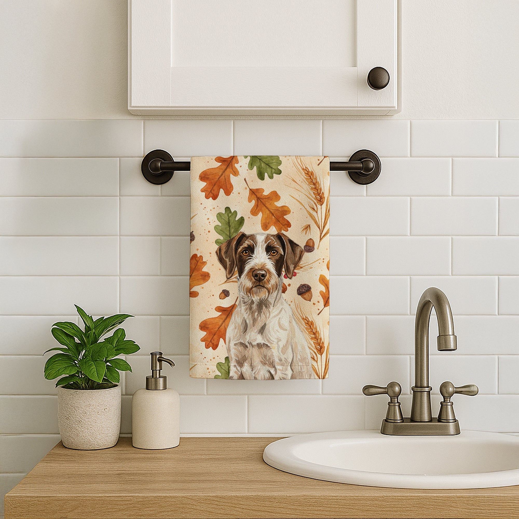 Liver and White German Wirehaired Pointer Heirloom Fall Kitchen Towel Velour Plush Front and Cotton Loop Back Machine Washable