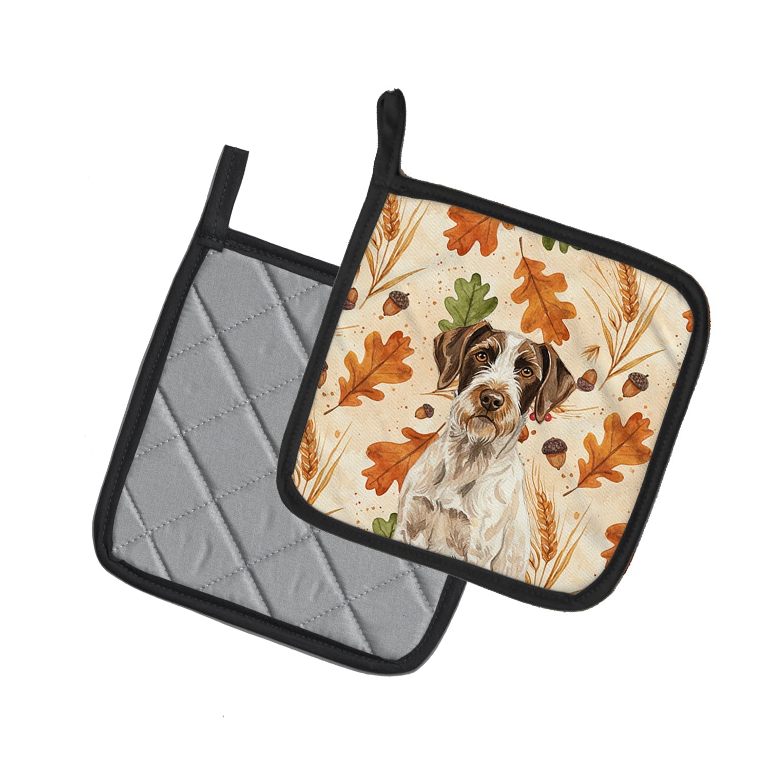 Liver and White German Wirehaired Pointer Heirloom Fall Pot Holder Set of 2 Heat Resistant Quilted Hot Pads 7.5 x 7.5 Inch, Insulated Kitchen Trivets for Cooking & Baking