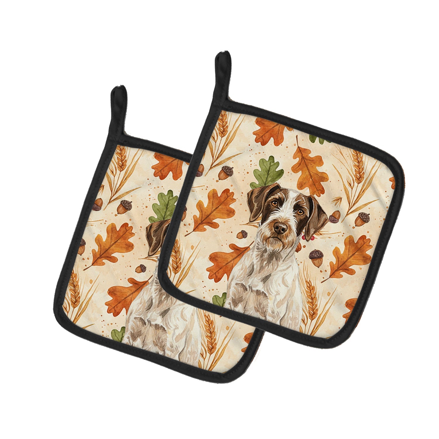 Liver and White German Wirehaired Pointer Heirloom Fall Pot Holder Set of 2 Heat Resistant Quilted Hot Pads 7.5 x 7.5 Inch, Insulated Kitchen Trivets for Cooking & Baking